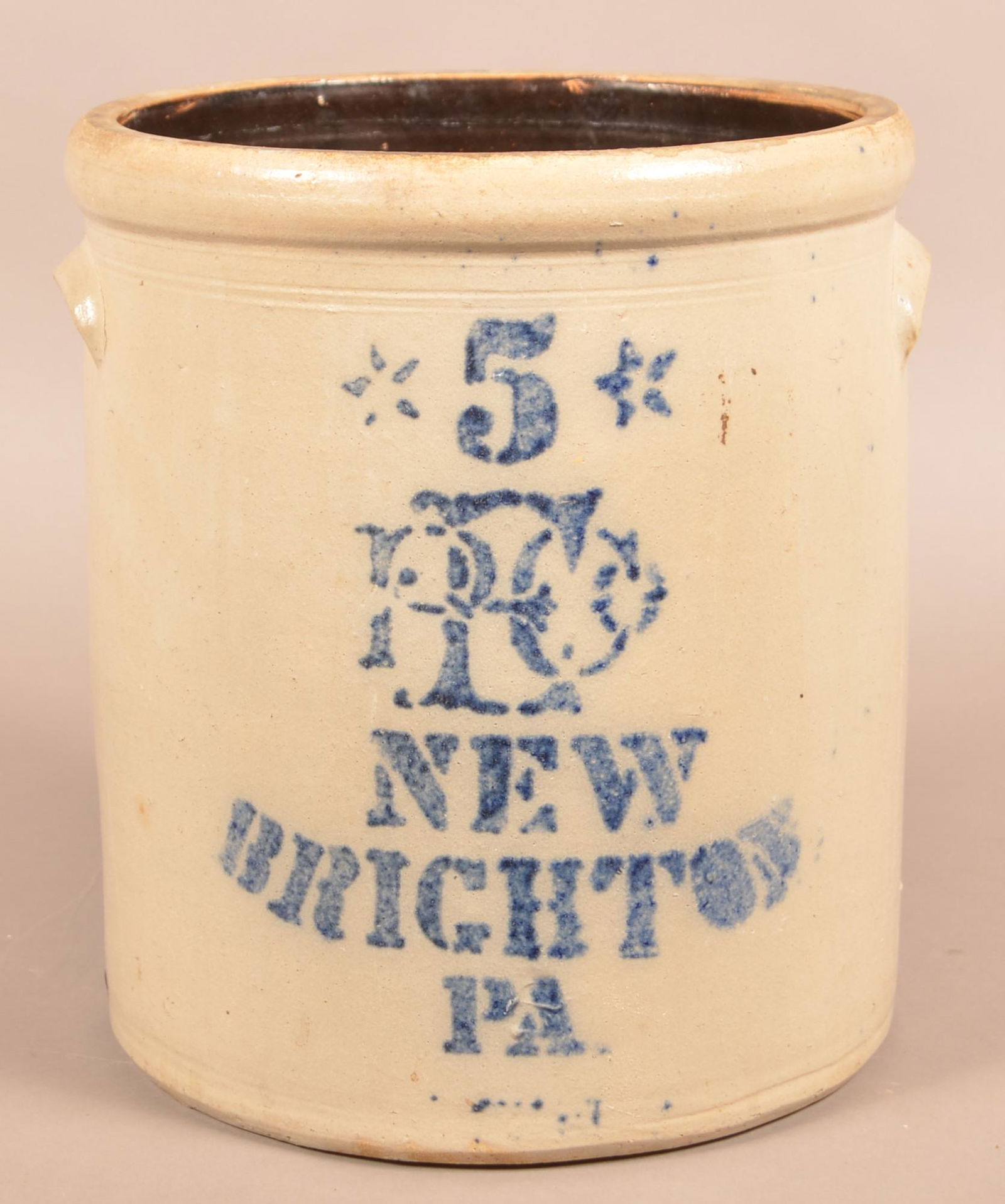 Enterprise Pottery Co. Five Gallon Stoneware Crock.: Enterprise Pottery Co. Five Gallon Stoneware Crock. (New Brighton, PA). Blue stenciled lettering "5 EP Co. New Brighton, PA". 13-1/2"h. Condition: Good with use wear.
