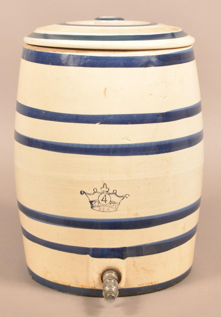 Robinson Ransbottom 4 Gallon Stoneware Water Cooler.: Robinson Ransbottom Pottery Four Gallon Stoneware Water Cooler. (RRP Co., Roseville, OH). Barrel form, cobalt bands, stenciled with Crown and "U.S.A.". Metal Spigot. 15-1/2"h. Condition: Very good.