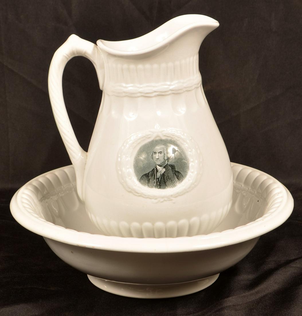 Laurel Wreath White Ironstone Pitcher and Bowl Set.: Laurel Wreath White Ironstone China Pitcher and Bowl Set. With black transfer bust of George Washington. By Elsmore & Forster. Pitcher measures 12"h., bowl 14-1/4" diam. Condition: Bowl is good pitche