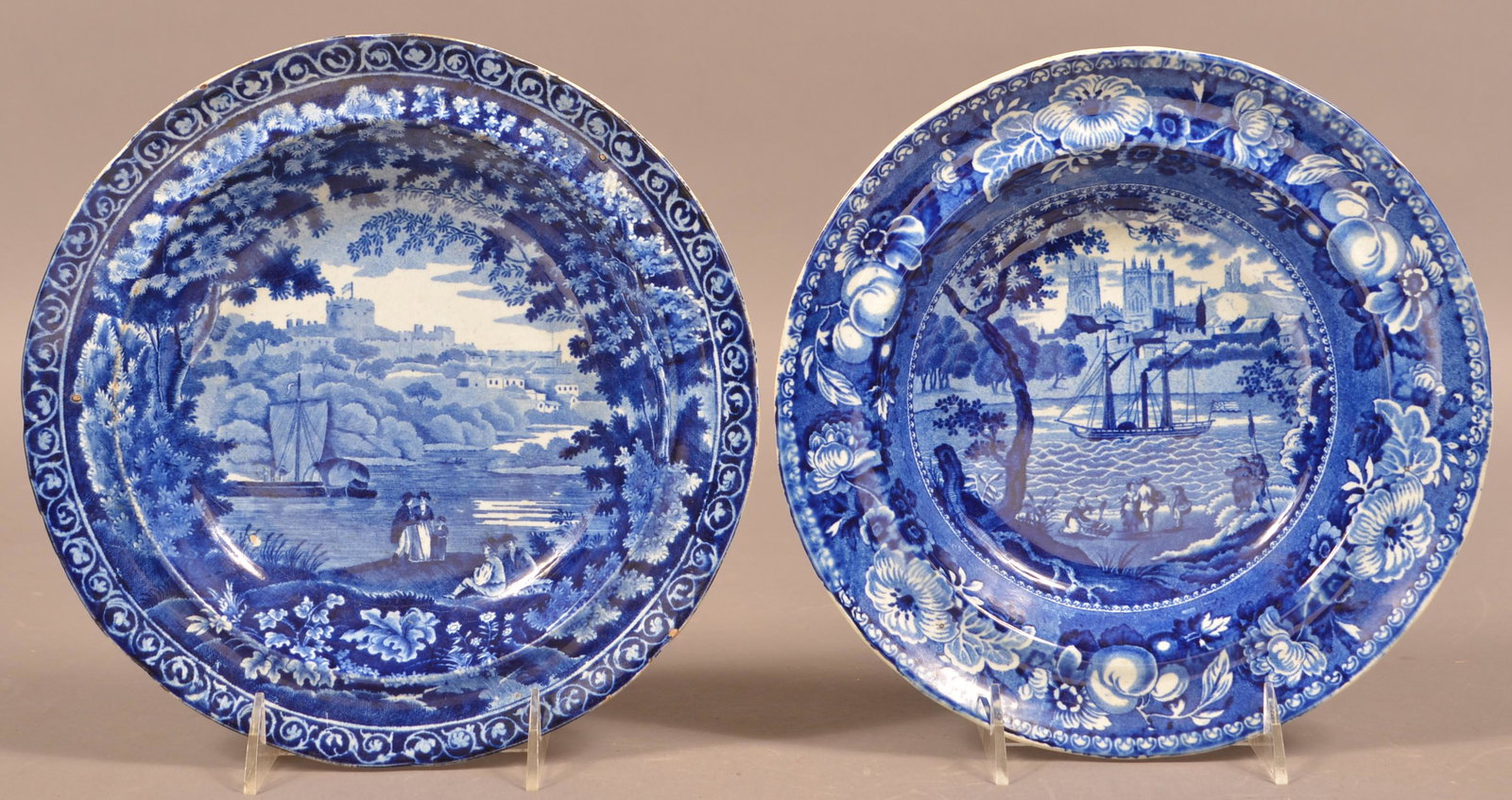Two Staffordshire Blue Transfer China Soup Plates.: Two Staffordshire Blue Transfer China Soup Plates. Both with boat and castle scenes. One marked "York Minster". 9-3/4" diam. Condition: Very good, one plate has a tiny edge chip.