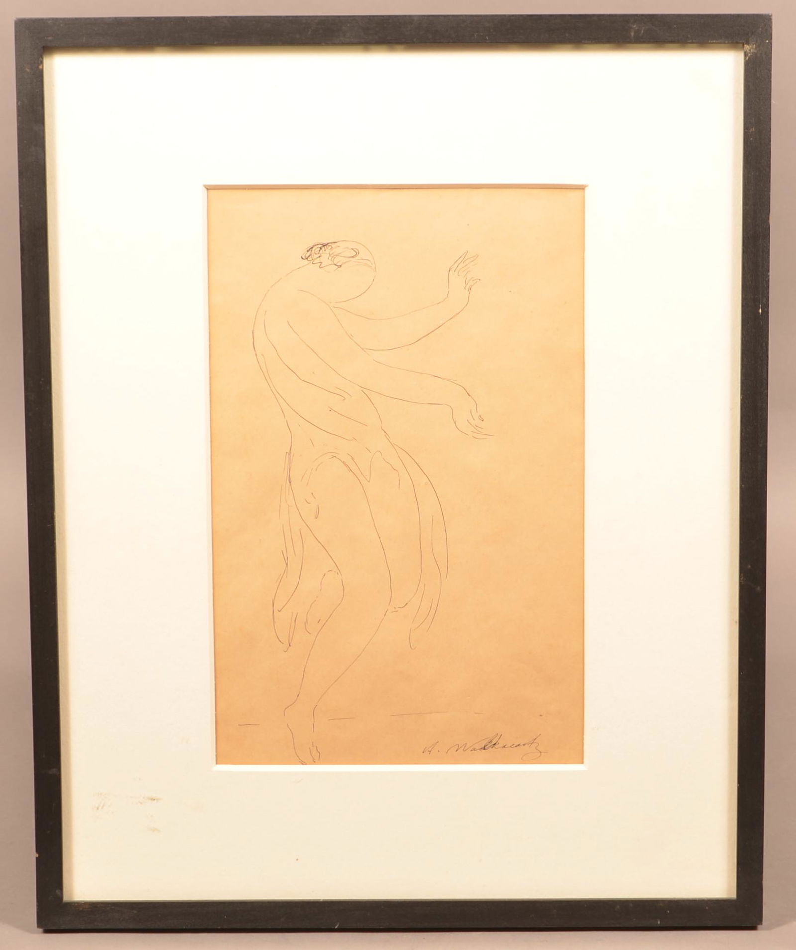 Abraham Walkowitz Original Ink on Paper Line Drawing.: Abraham Walkowitz Original Ink on Paper Line Drawing. (Russian/American, 1878 - 1965). Signed lower right. Modernist movement Depicting Isadora Duncan Dancing. Image size 13-3/8" x 8-1/2', framed and