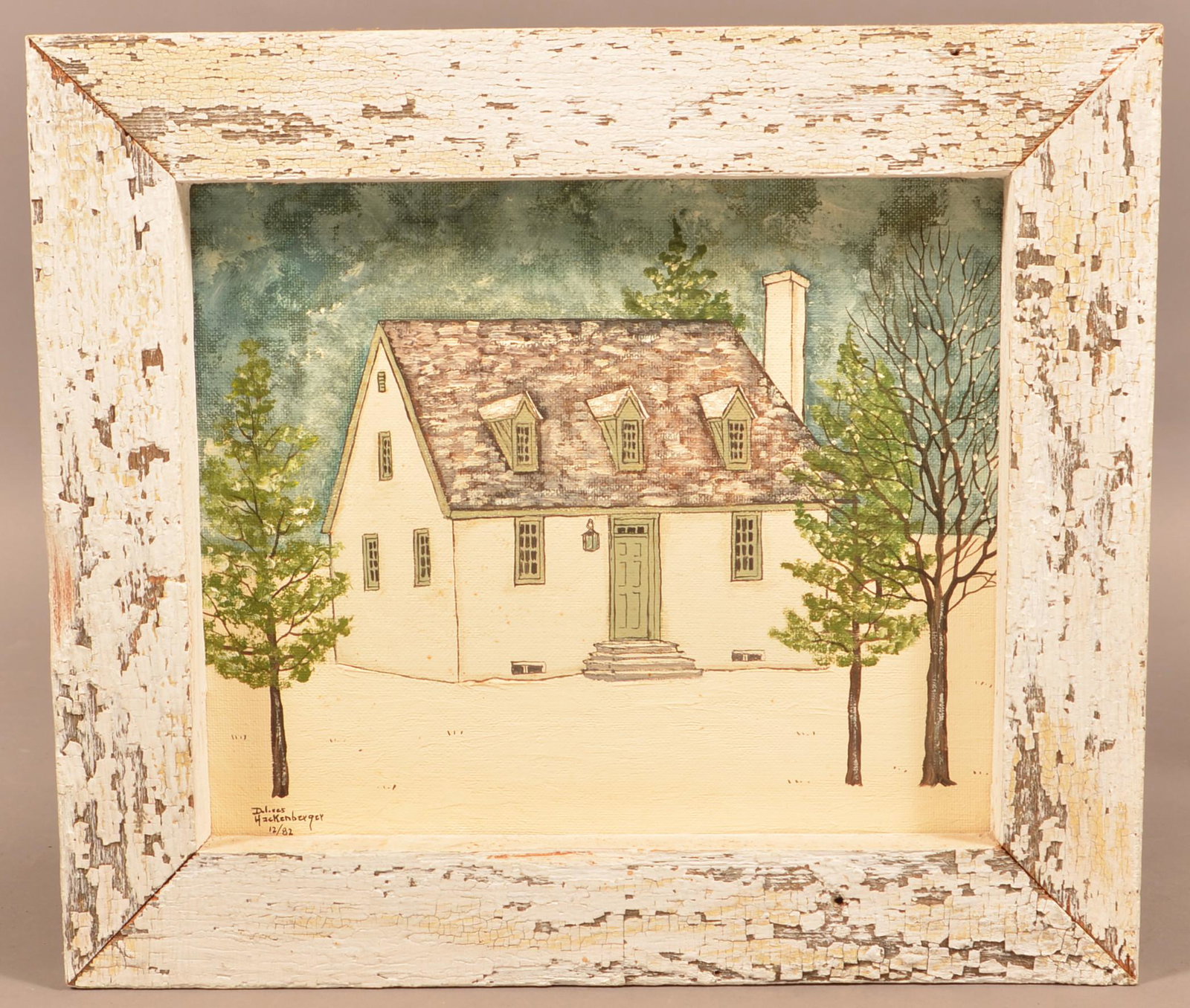 Dolores Hackenberger Winter House Scene Painting.: Dolores Hackenberger Winter House Scene Painting. (Known as the PA Dutch Grandma Moses) Oil on artist board. Signed lower left and dated Dec. 1982. In an original mitered wood frame, 13-1/2"x 15-1/4"