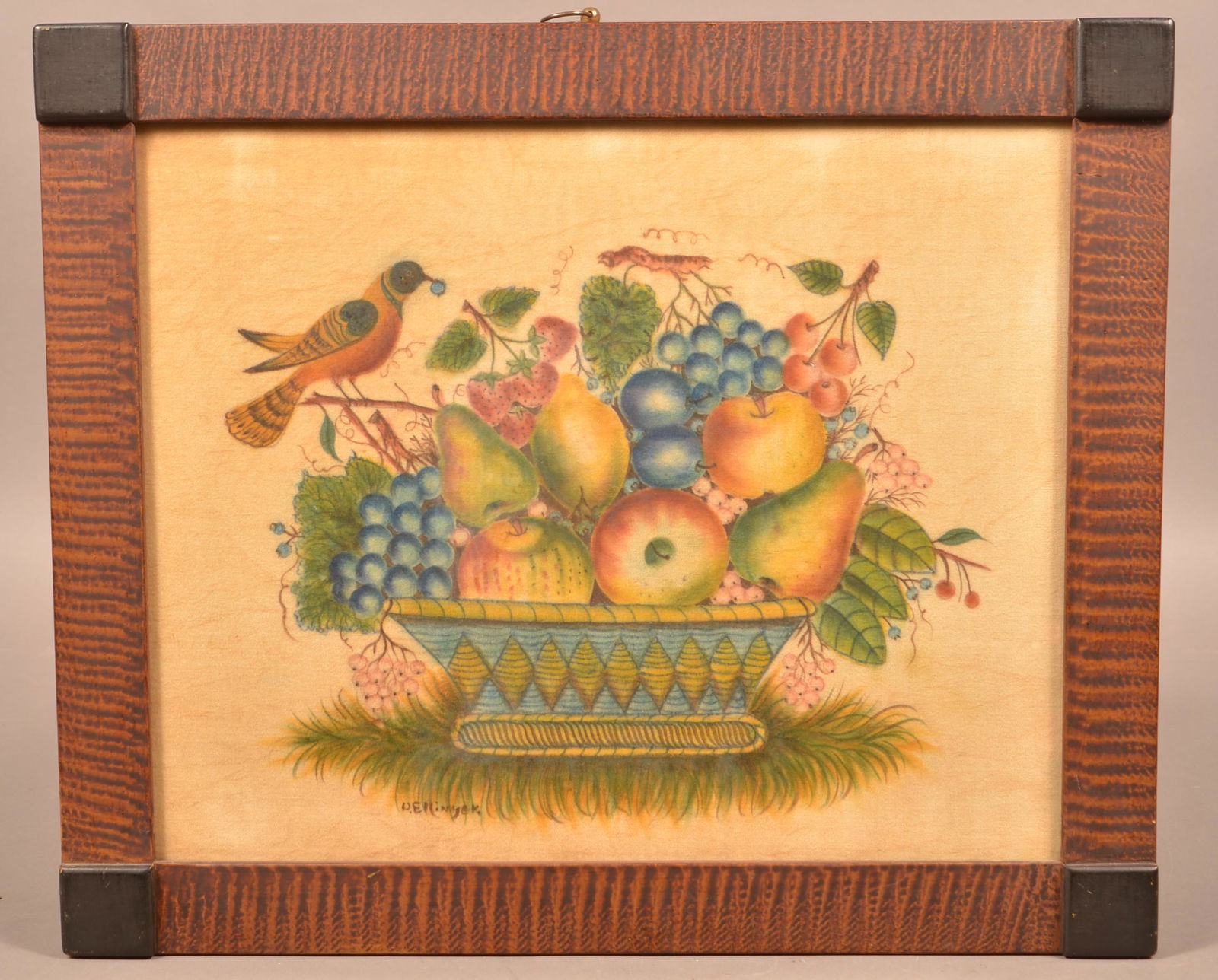 David Ellinger Basket of Fruit with Bird Theorem.: David Ellinger Basket of Fruit with Bird Theorem. (Pennsylvania 1913-2003). Signed "D. Ellinger" lower left. In an original grain-painted corner block frame, 17-3/8" x 20-3/4" overall. Condition: Very