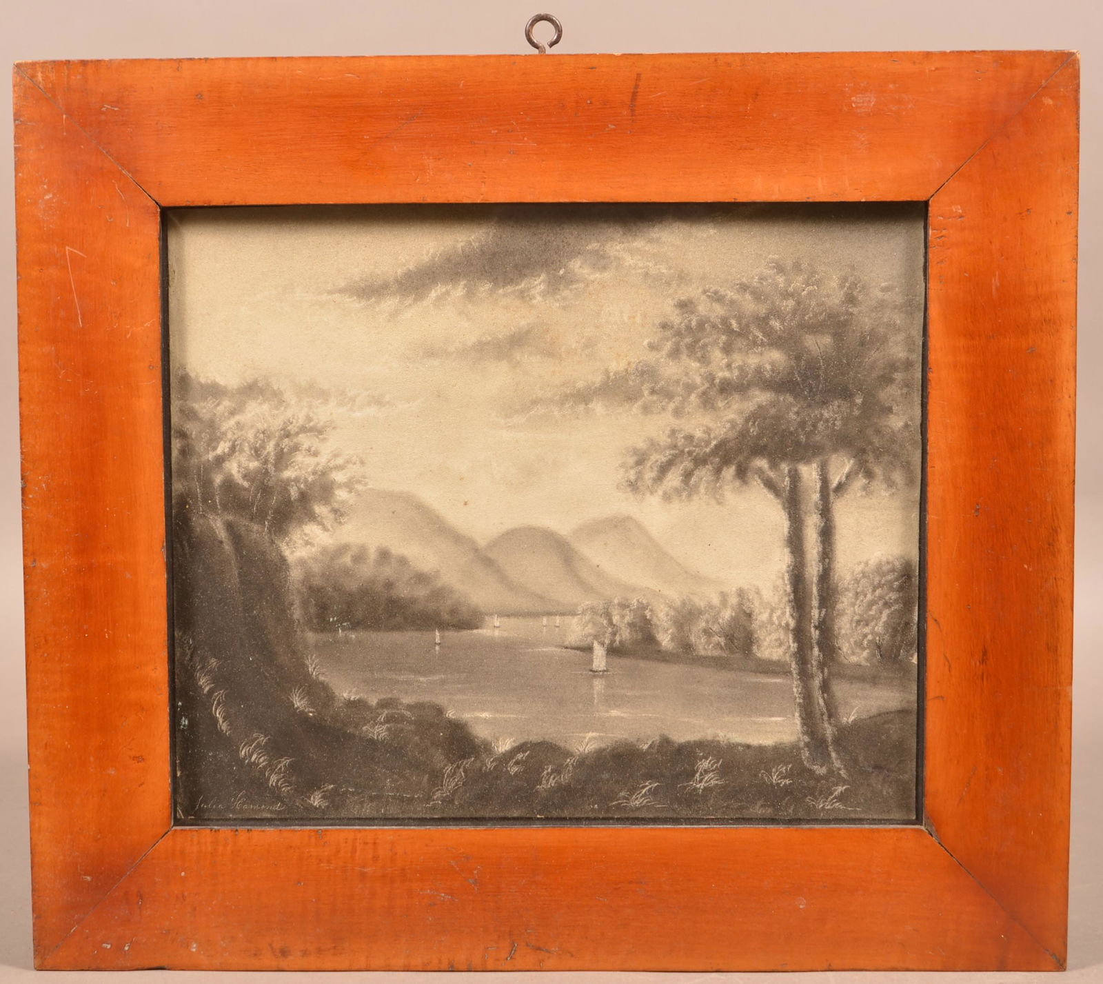 American 19th Century Sandpaper Landscape Drawing.: American 19th Century Sandpaper Landscape Drawing. Signed "Julia Hamond" lower left. Depicting sail boats and mountains, probably Hudson Valley. In a period tiger maple frame, 14" x 16" overall. Condi