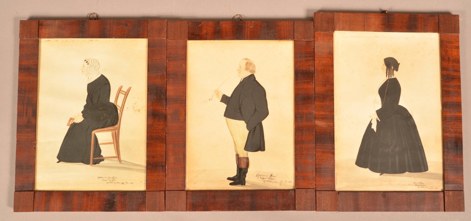 Three 1838 Northampton Co., PA Watercolor Portraits.: Three 1838 Northampton Co., PA Watercolor Portraits. Identified as members of the Herr Family. All are signed "Upper Milford , Northampton Co., PA, 1838". And individually identified as Herman Herr, K