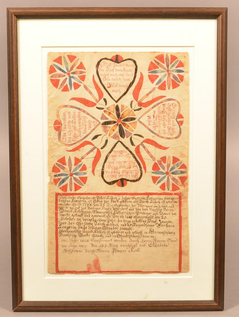 Martin Brechall Fraktur Birth Certificate.: Watercolor and Ink on Paper Fraktur Birth Certificate Attributed to Martin Brechall. (Southeastern Pennsylvania, active 1783-1830). Inscribed for Jacob Ladich, born September 28, 1786, Berks County, P