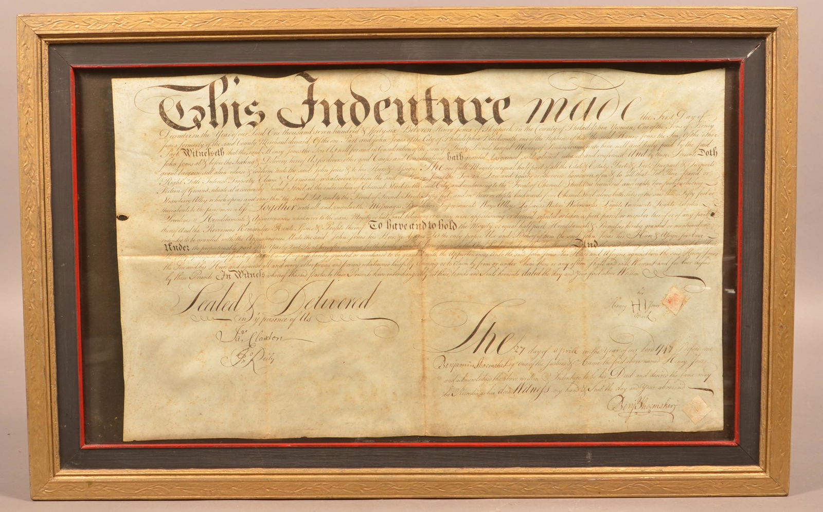 1746 Skipjack, Philadelphia Co., PA Land Indenture.: 1746 Skipjack, Philadelphia Co., PA Land Indenture. Framed, 17-1/2" x 27-1/2" overall. Condition: Good with foxing and creases.