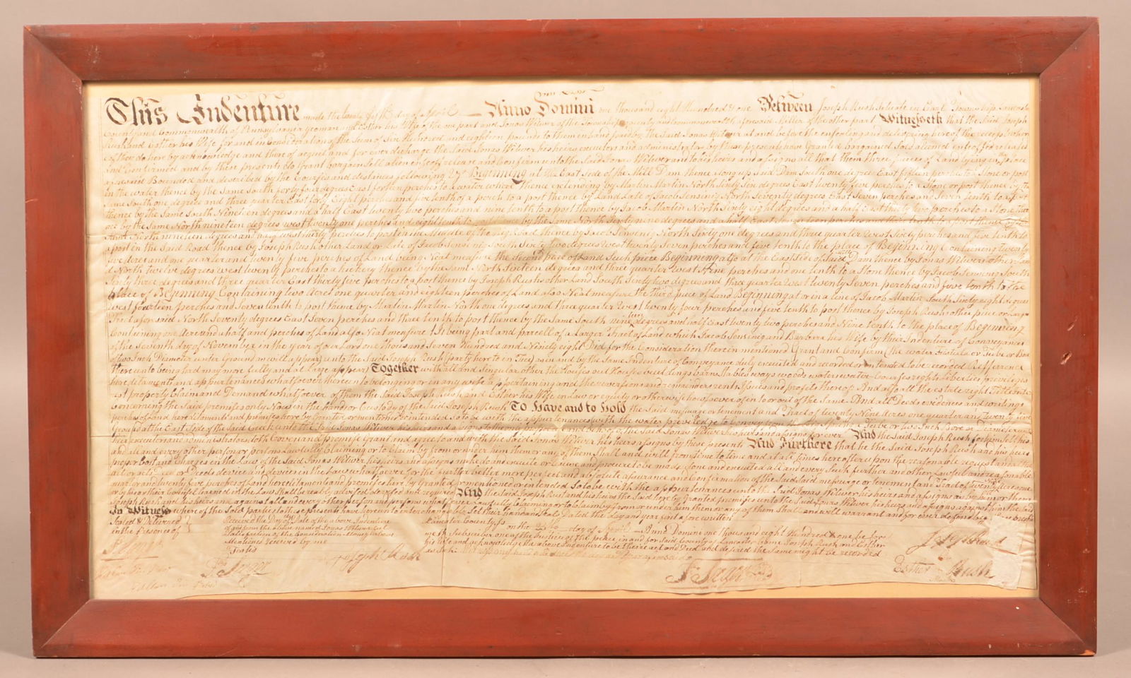 1801 Earl Twp., Lancaster Co., PA Land Indenture.: 1801 Earl Twp., Lancaster Co., PA Land Indenture. Framed, 17-1/2" x 27-1/2" overall. Condition: Good with foxing and creases.