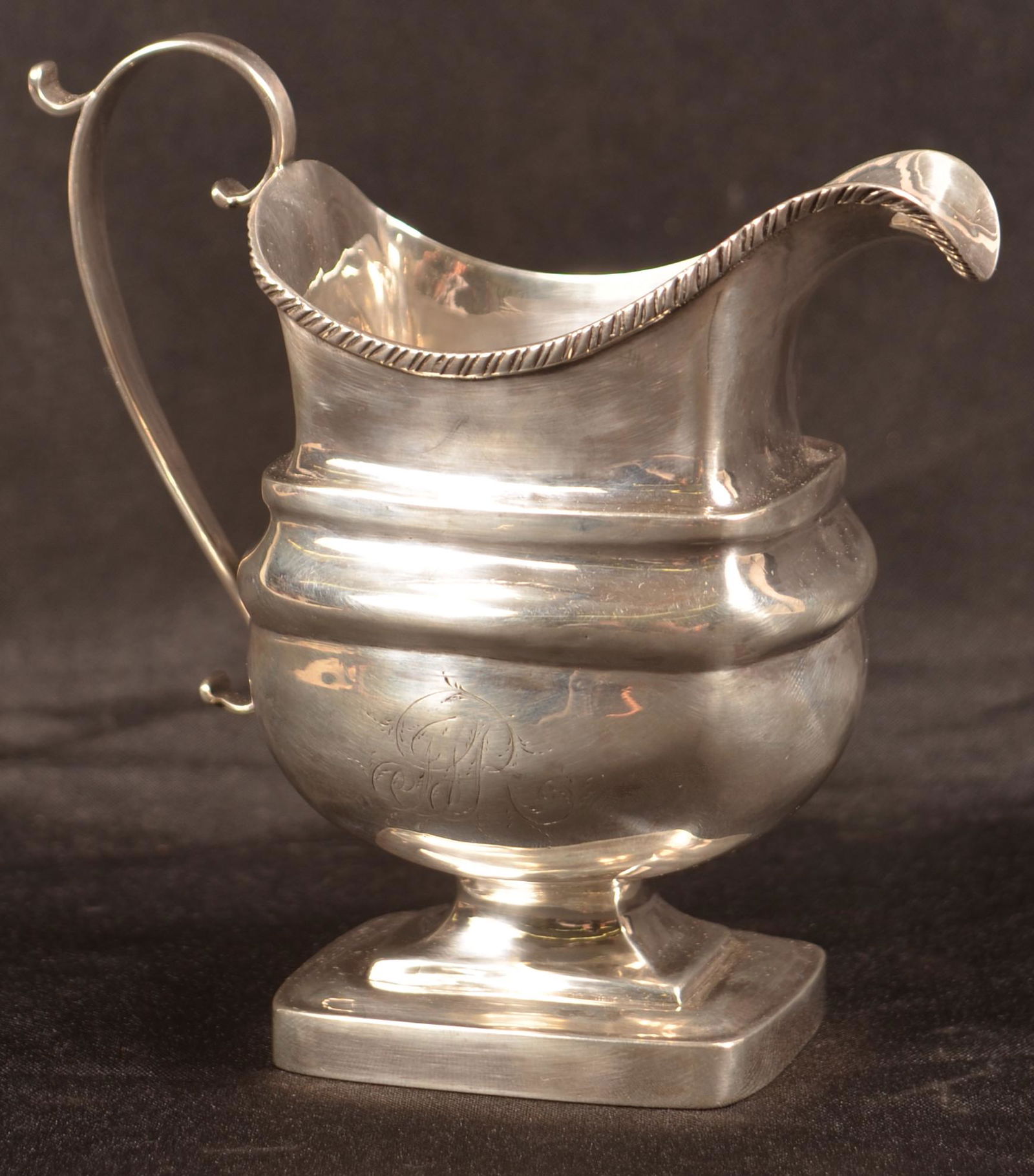 John Owen, Philadelphia, PA Coin Silver Cream Pitcher.: John Owen, Philadelphia, PA Coin Silver Cream Pitcher. Circa. 1804-1831. Monogrammed. 5-5/8"h. Condition: Very good with minor wear.
