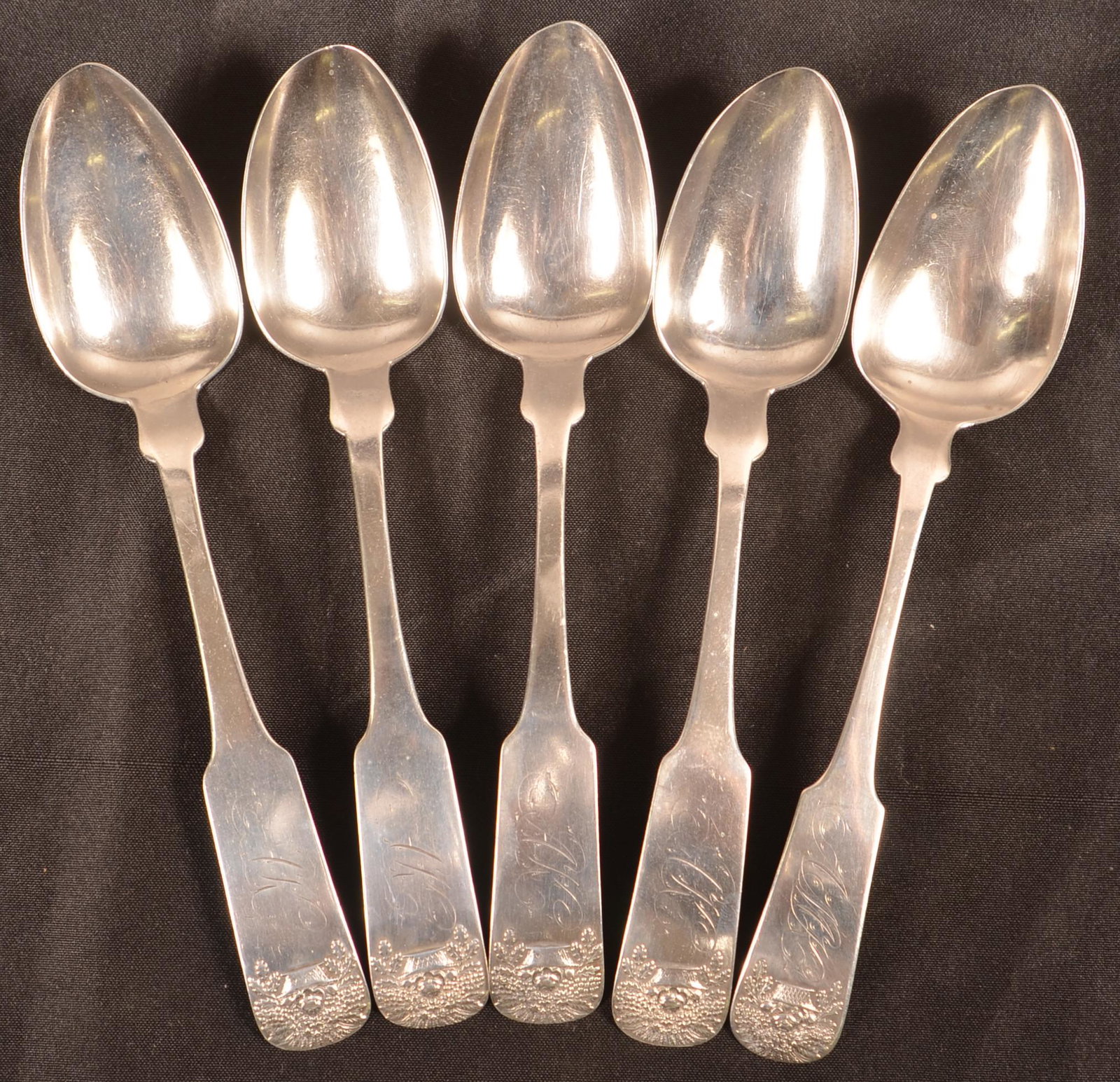 5 William Smith, New York, NY Coin Silver Tablespoons.: Five William Smith, New York, NY Coin Silver Tablespoons. Circa. 1817-1840. With basket of flowers handles and shell backs. Monogrammed. 9"l. Condition: Good with use wear.