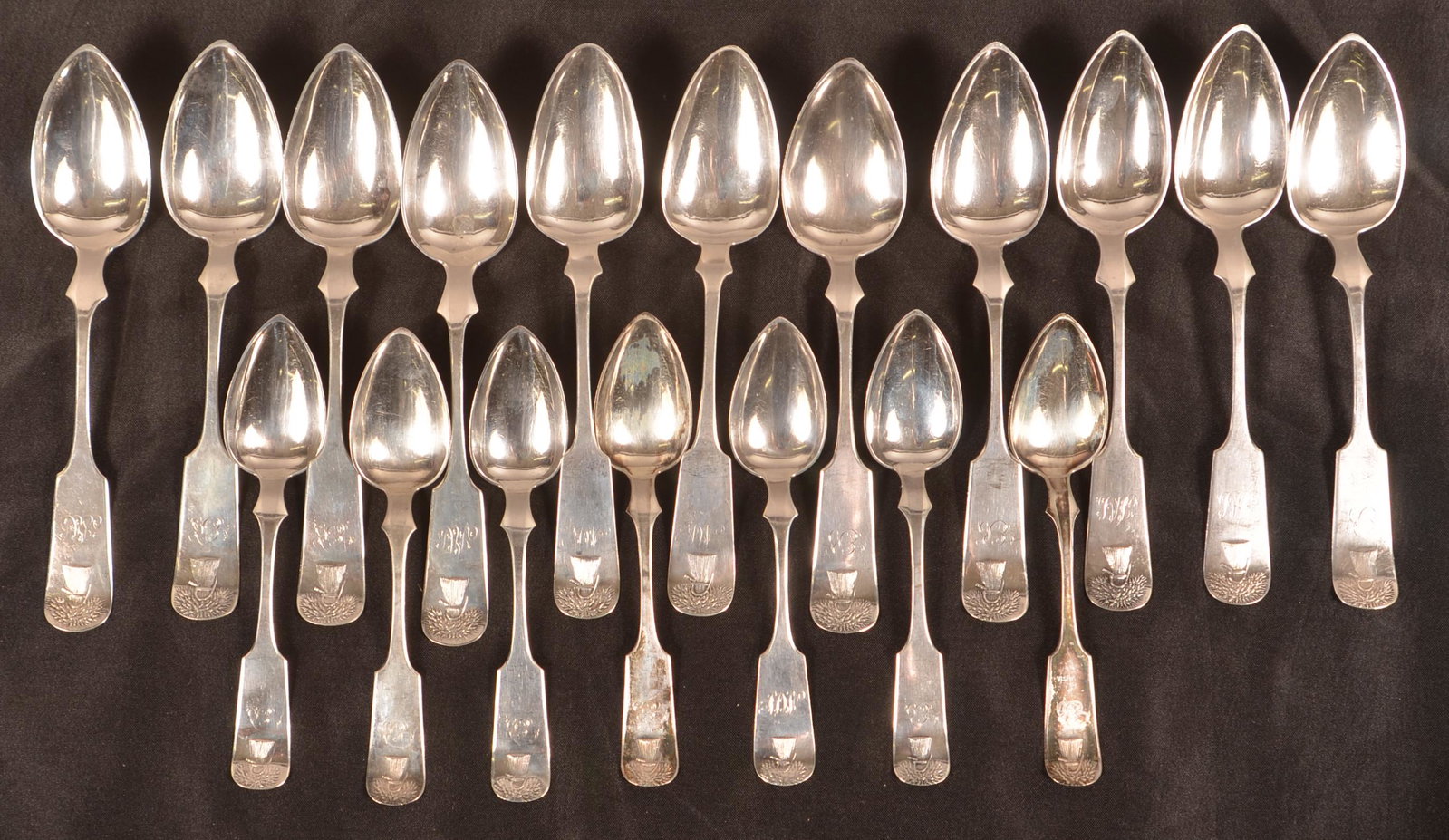 R & W Wilson, Philadelphia, PA Coin Silver Spoons.: Lot of R & W Wilson, Philadelphia, PA Coin Silver Spoons. All with sheaf of wheat handles. Circa. 1829-1850. Monogrammed. Condition: Good with use wear.