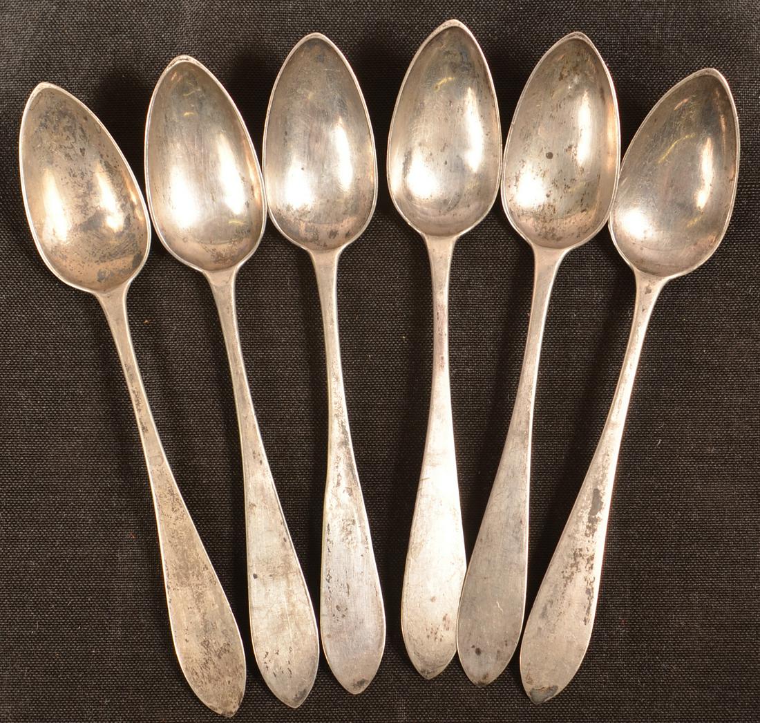 Six John Owen, Philadelphia, PA Coin Silver Teaspoons.: Six John Owen, Philadelphia, PA Coin Silver Teaspoons. Circa. 1804-1831. Bird backs. 5-3/8"l. Condition: Good with use wear.