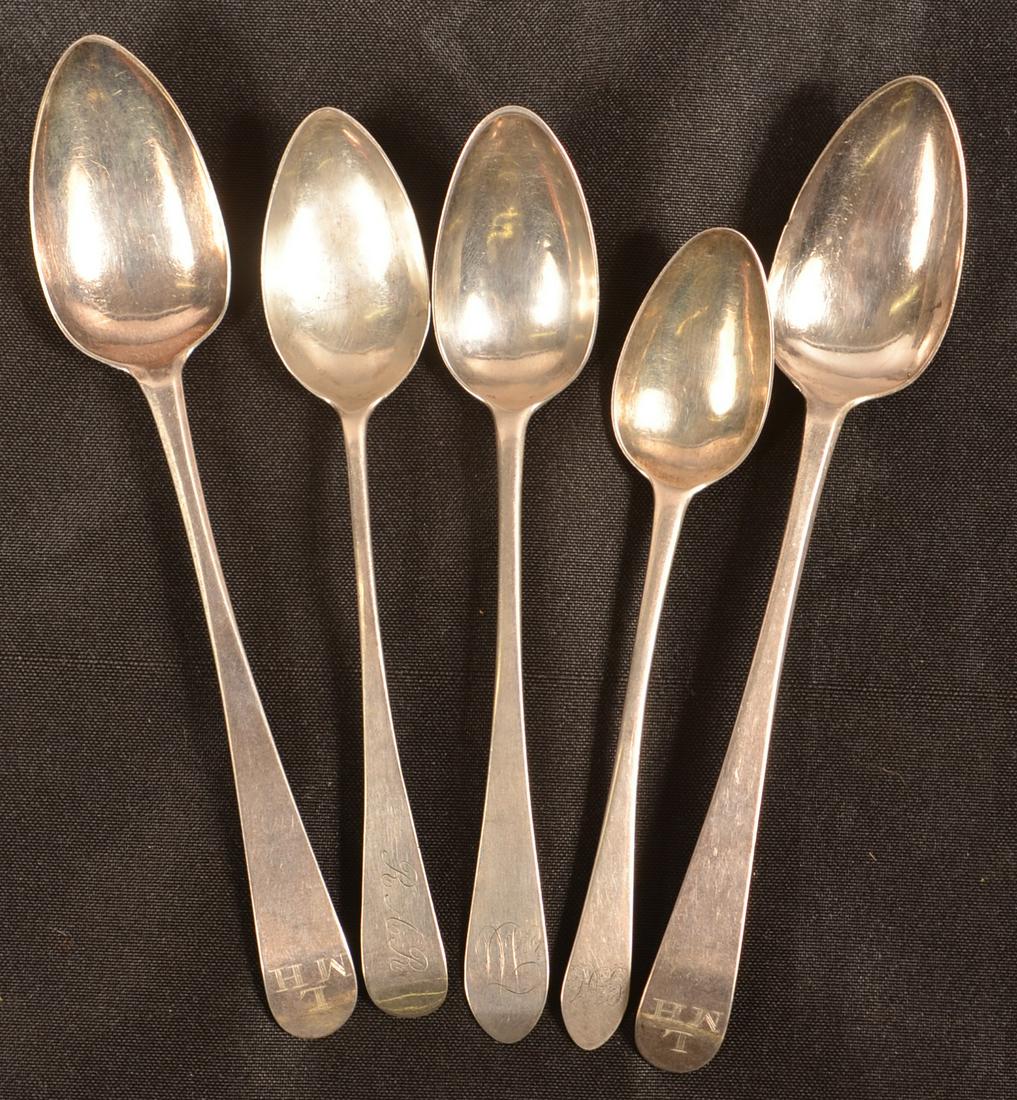 5 Philadelphia, PA 18th/19th Century Coin Teaspoons.: Five Philadelphia, PA 18th/19th Century Coin Silver Teaspoons. All with bird backs. Two Joseph Lownes Circa. 1754-1820, one Samuel Williamson Circa. 1794-1813, one Anthony Rasch Circa. 1807-1819 and o