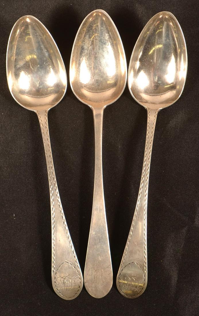 3 John McFee, Philadelphia, PA Coin Silver Tablespoons.: Three John McFee, Philadelphia, PA Coin Silver Tablespoons. Circa. 1793-1796. All have bird backs, two are bright cut. Monogrammed. 9-1/4"l. Condition: Good with use wear.