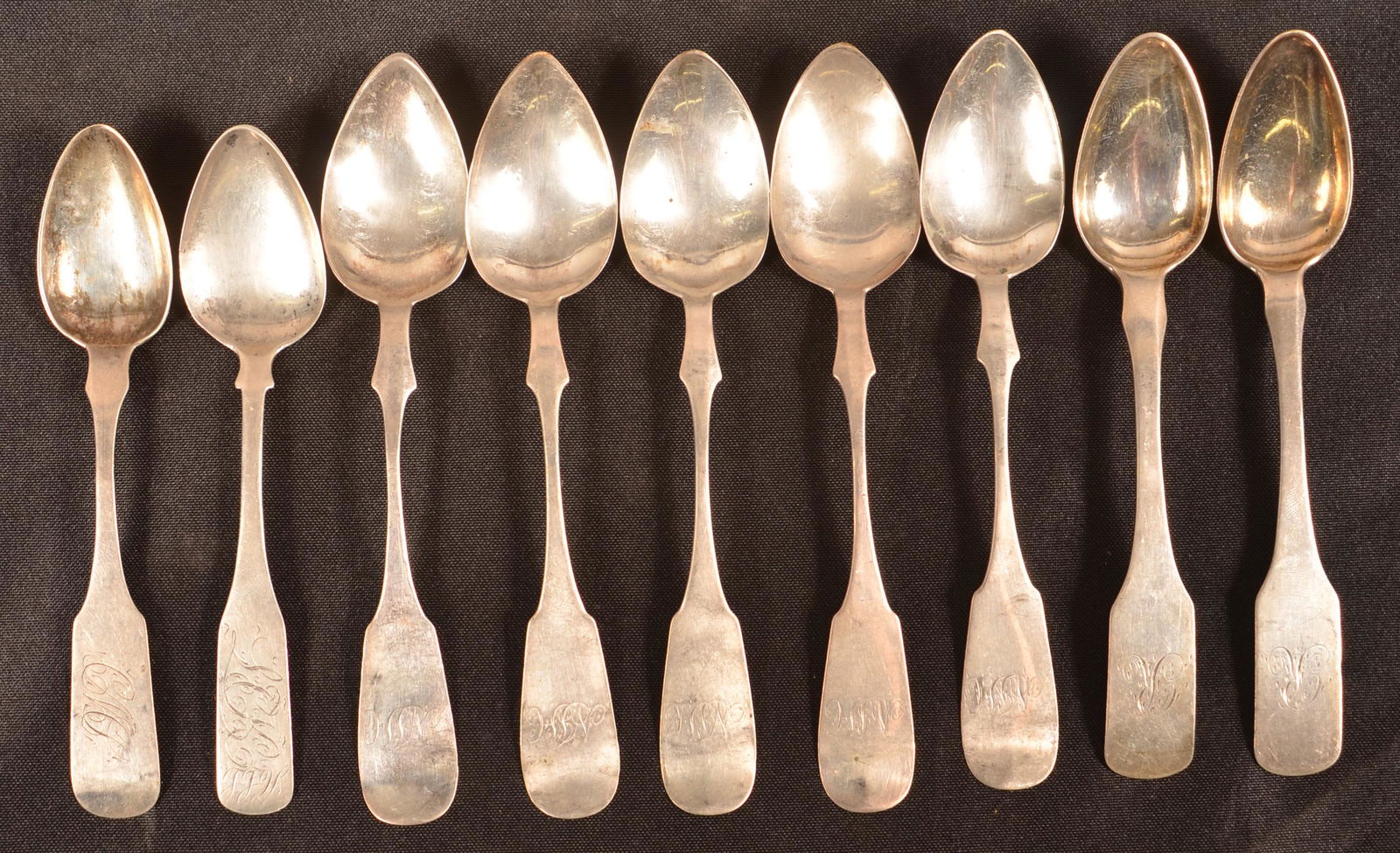Nine Chester County, PA Coin Silver Teaspoons.: Nine 18th/19th Century Chester Co., PA Coin Silver Teaspoons. Including W. Baily, E.T. Weaver, F. Smith and F. Weiss. Condition: Good with use wear.