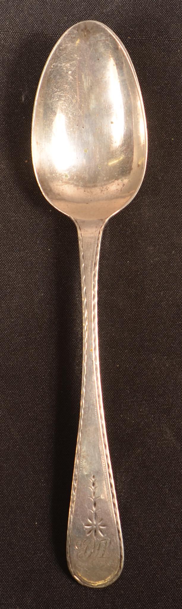 Coin Silver Tablespoon Attributed to Paul Revere II.: Coin Silver Tablespoon Attributed to Paul Revere II. Stamped "P.R" in rectangle Paul Revere, Jr., Boston, MA, Circa. 1735-1818. Bright cut with monogram. 8-1/2"l. Condition: Good with use wear.