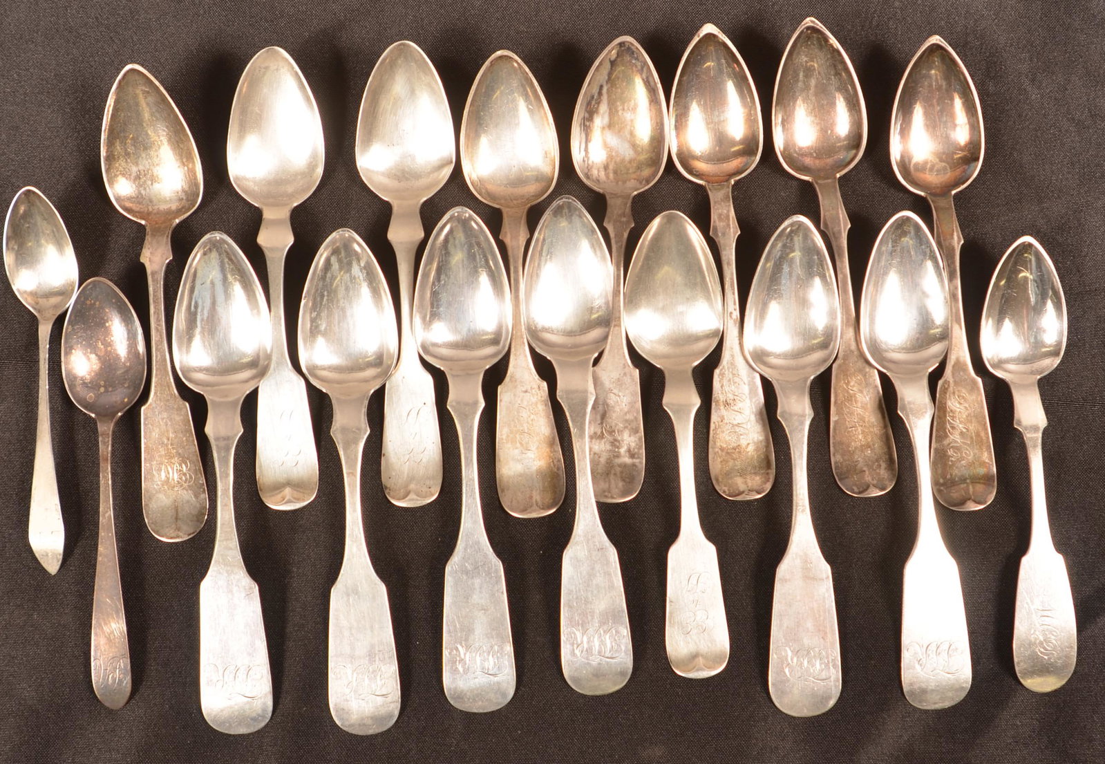 18 Philadelphia, PA Coin Silver Teaspoons.: 18 Philadelphia, PA Coin Silver Teaspoons. Including I. Reed & Son, R & W Wilson, T. Dubosq and others. Monogrammed. Condition: Good with use wear.