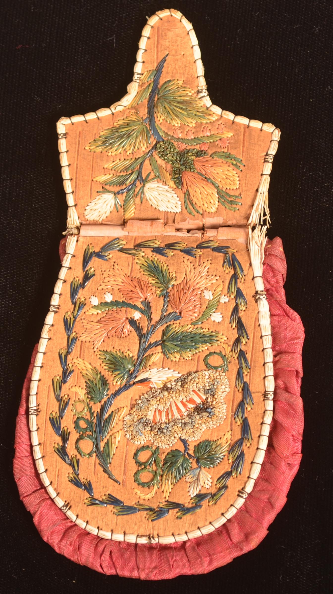 19th Cent. Heron Native American Birch Bark Slip Pouch.: 19th Century Heron Native American Birch Bark Slip Pouch. With moose hair decoration, the flowers representing herbs used in native medicines. 3-1/2"h. (with flap folded down).