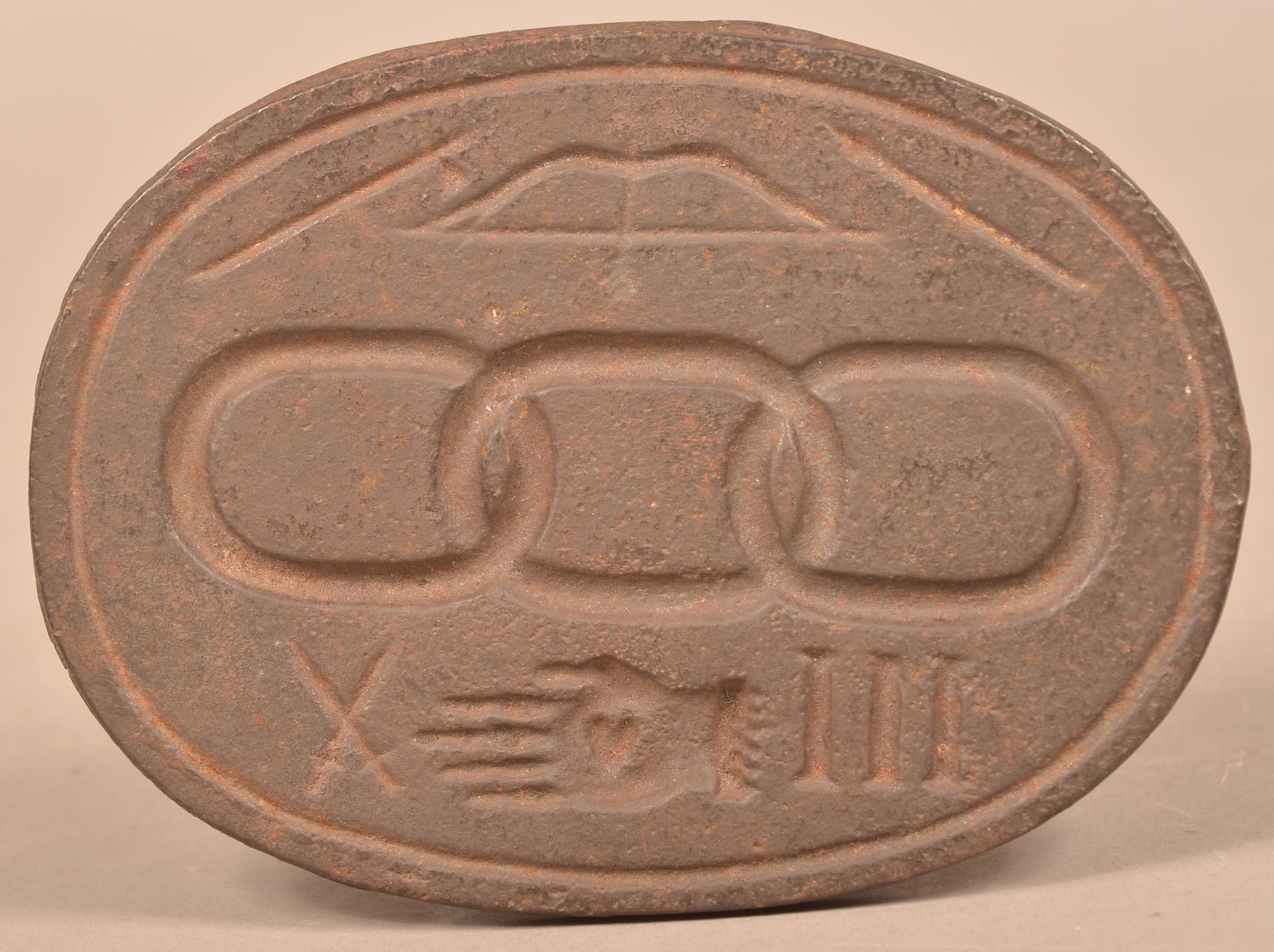 Cast Iron Odd Fellows Springerle Cookie Mold.: Cast Iron Odd Fellows Springerle Cookie Mold. With heart in hand and other symbols. 6-3/4"l. Condition: Good with light rust and even pitting.