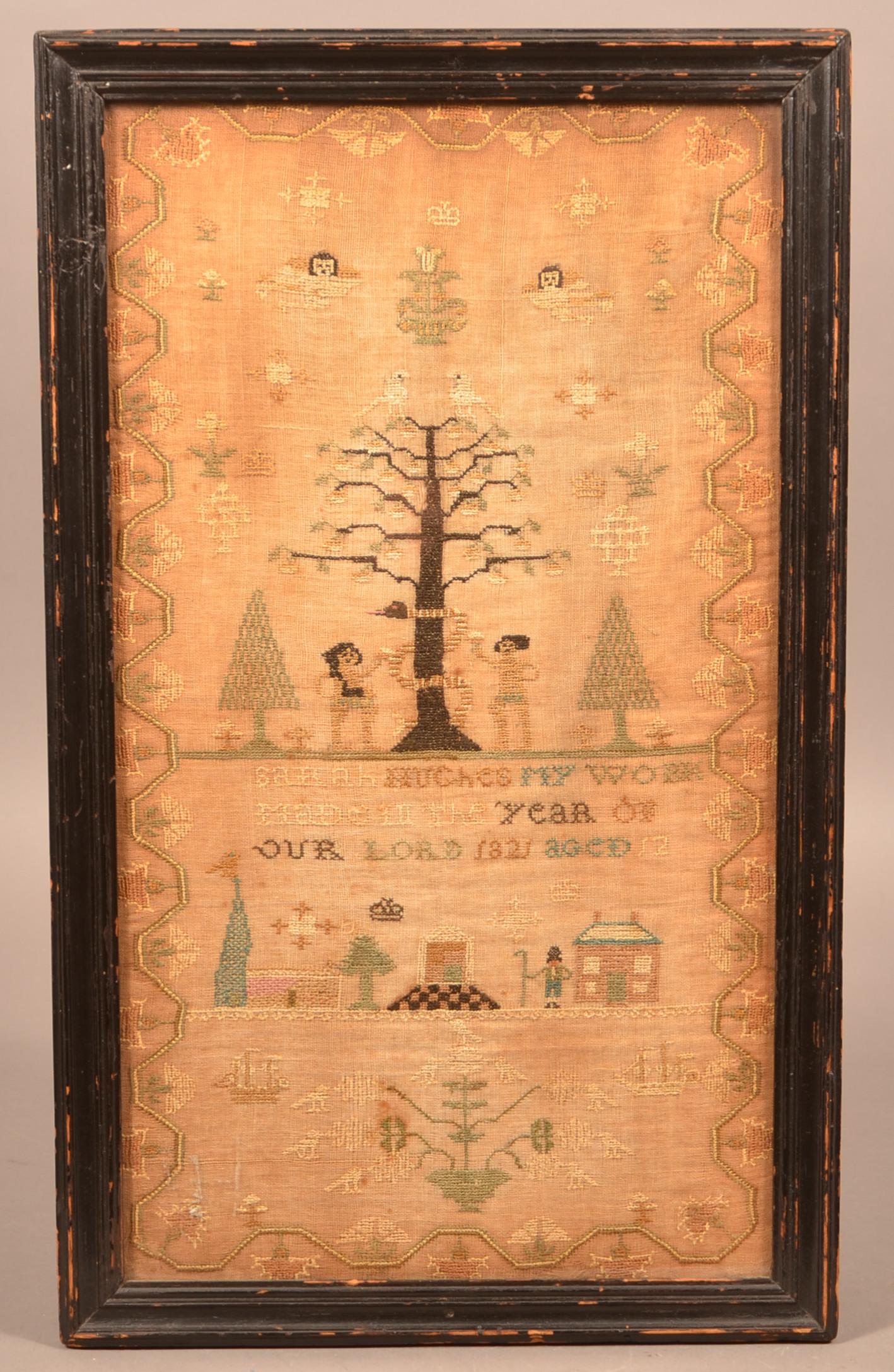 1821 Adam and Eve Needlework Sampler.: 1821 Adam and Eve Needlework Sampler. "Sarah Hughes, Age 12, 1821". In a molded frame, 21-1/4" x 21-3/4" overall. Condition: Good with toning.