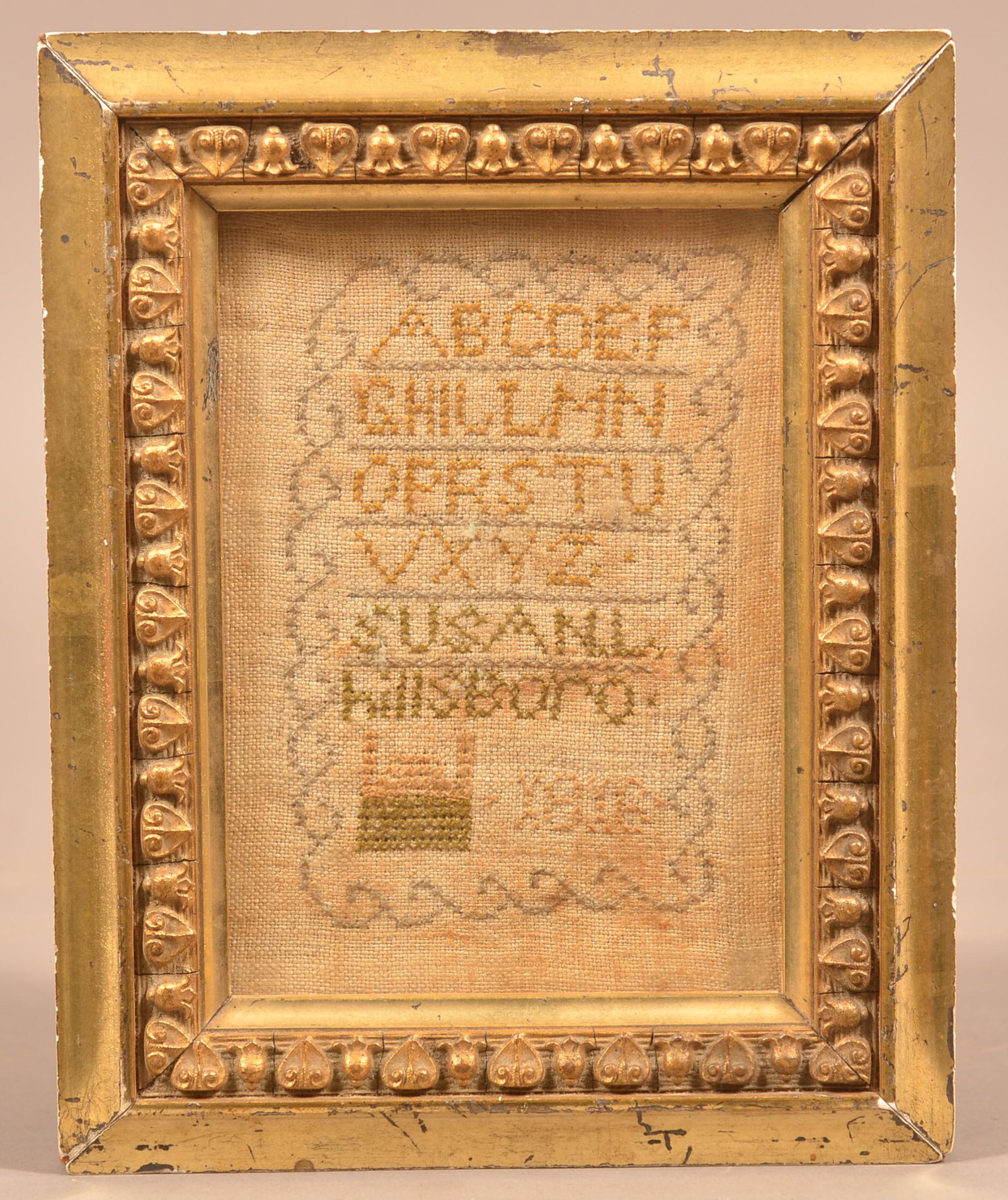 Susan L. Hilsboro 1816 Cross Stitch Alphabet Sampler.: Small Susan L. Hilsboro 1816 Cross Stitch Alphabet Sampler. In a period gilt molded frame, 7-3/4" x 6" overall. Condition: Good with foxing.