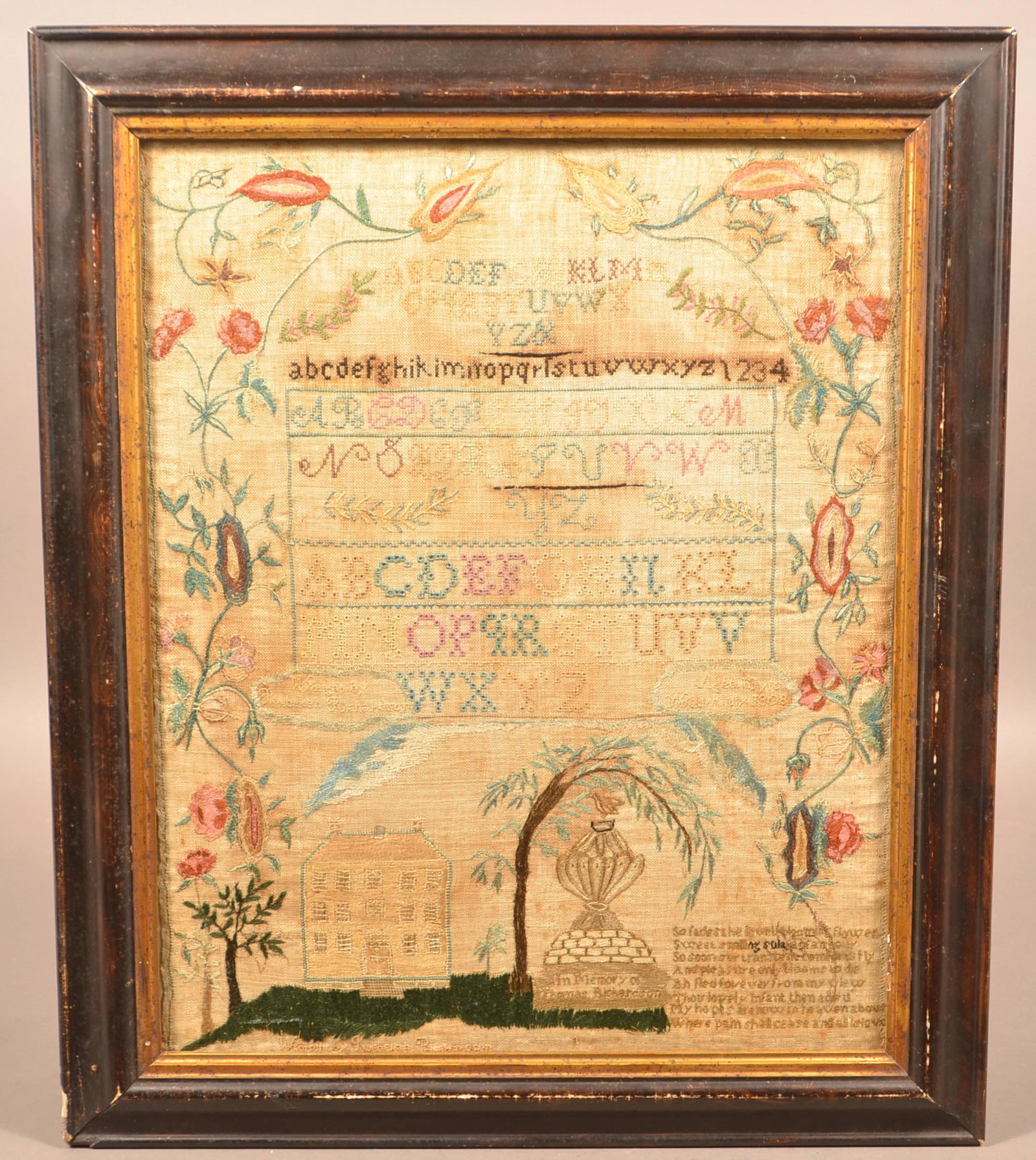 1808 Woburn, MA Memorial Needlework Sampler.: 1808 Woburn, MA Memorial Needlework Sampler. Sampler by Rebecca Richardson, Woburn, Mass. 1808 in memory of Thomas Richardson. Central alphabet tablet flanked by silk flowers, 3-1/2 story house lower 