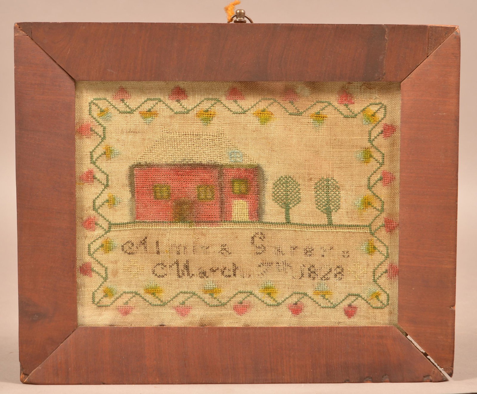 Small House Sampler "Almira Sarers, March 7th 1828".: Small House Sampler "Almira Sarers, March 7th 1828". Strawberry vine border. In a mahogany veneered frame, 9-1/2" x 11-1/2" overall. Condition: Good with foxing and wear.