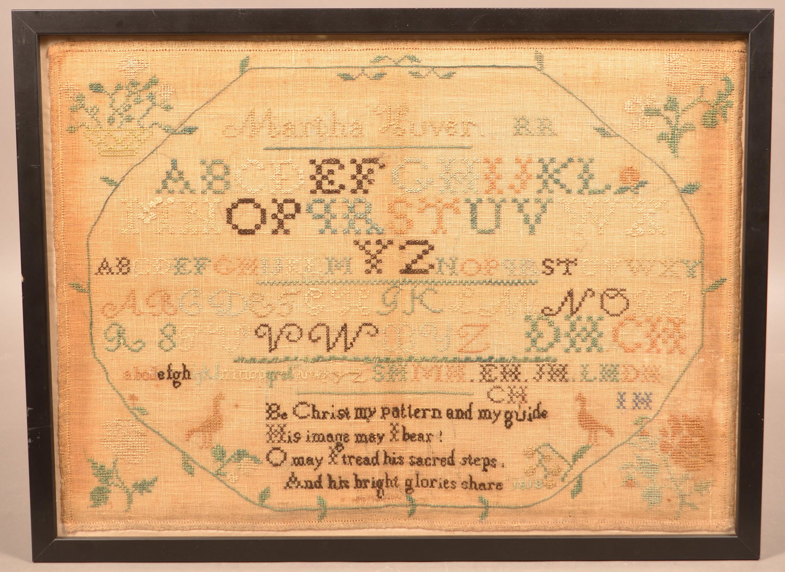 1818 Quaker Cross Stitch Alphabet Sampler.: 1818 Quaker Cross Stitch Alphabet Sampler. Probably New Jersey. "Martha Huver 1818". Mirror image, religious verse with flowers and birds. In a modern frame, 16-1/4" x 21-3/4" overall. Condition: Good
