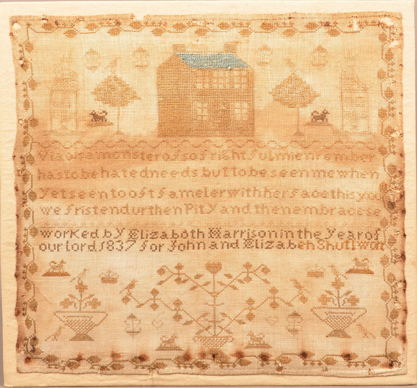 Elizabeth Harrison 1837 Needlework Verse Sampler.: Elizabeth Harrison 1837 Needlework Verse Sampler. With houses, dogs, birds and potted flowers. Strawberry vine border. Unframed, 16" x 18". Condition: Fair with stains and holes.