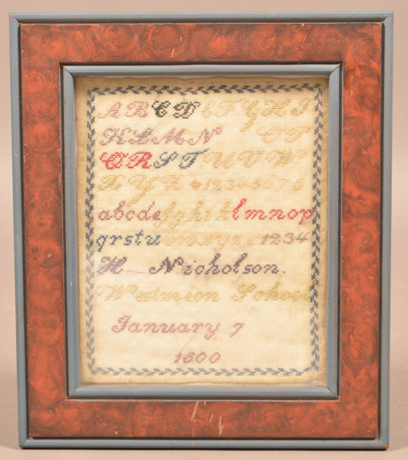Small English 1800 Alphabet Sampler.: Small English 1800 Alphabet Sampler. "H. Nicholson, West Meon School, January 7, 1800". In a modern painted frame, 10-1/2" x 9" overall. Condition: Very good.