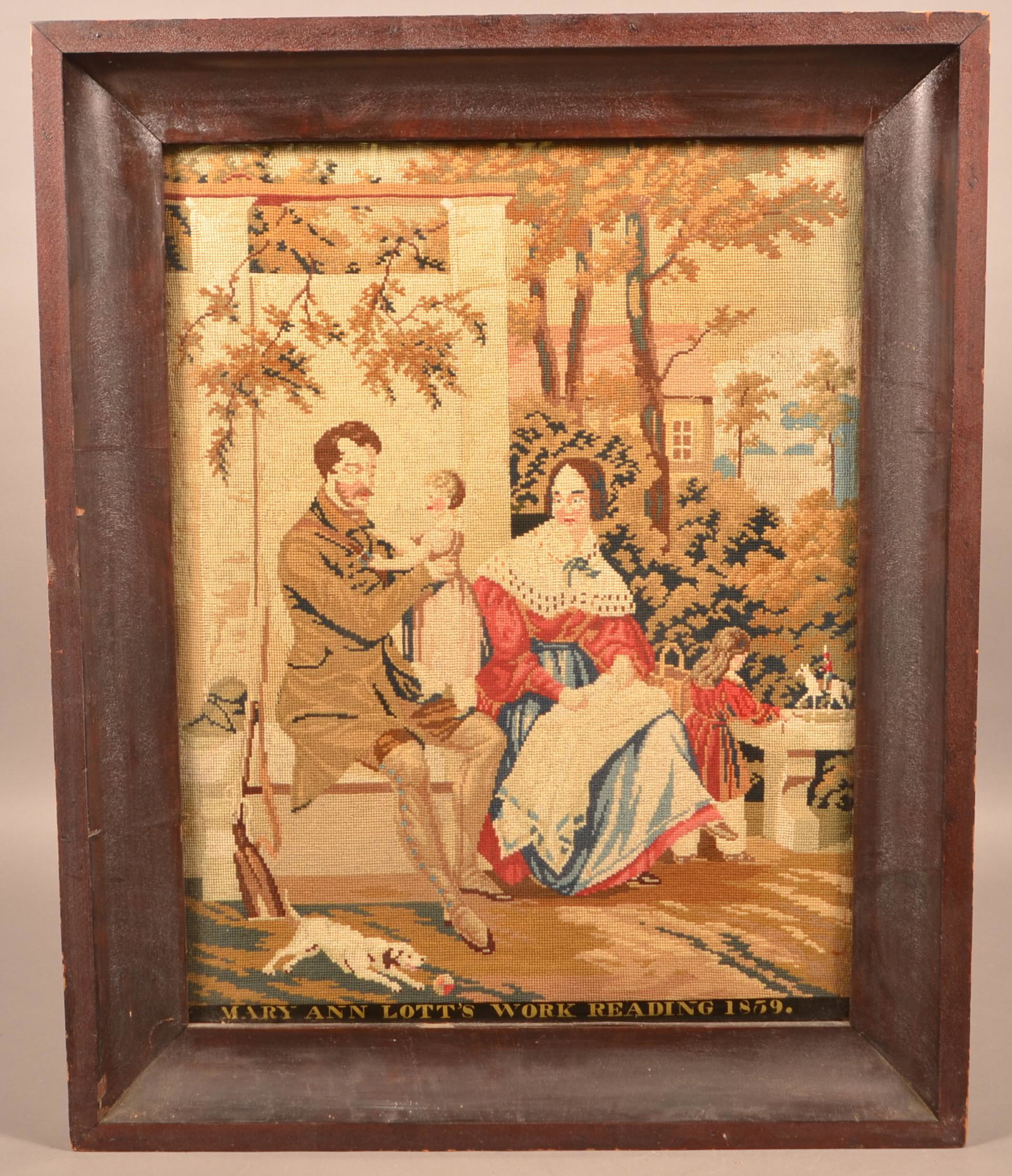 Reading, PA 1859 Large Pictorial Needlework.: Large Pictorial Needlework Signed "Mary Ann Lotts Work Reading (PA) 1859". Depicts a young family with children outdoors. Provenance: Heritage Center. In a period mahogany cove molded frame, 32-1/2" x