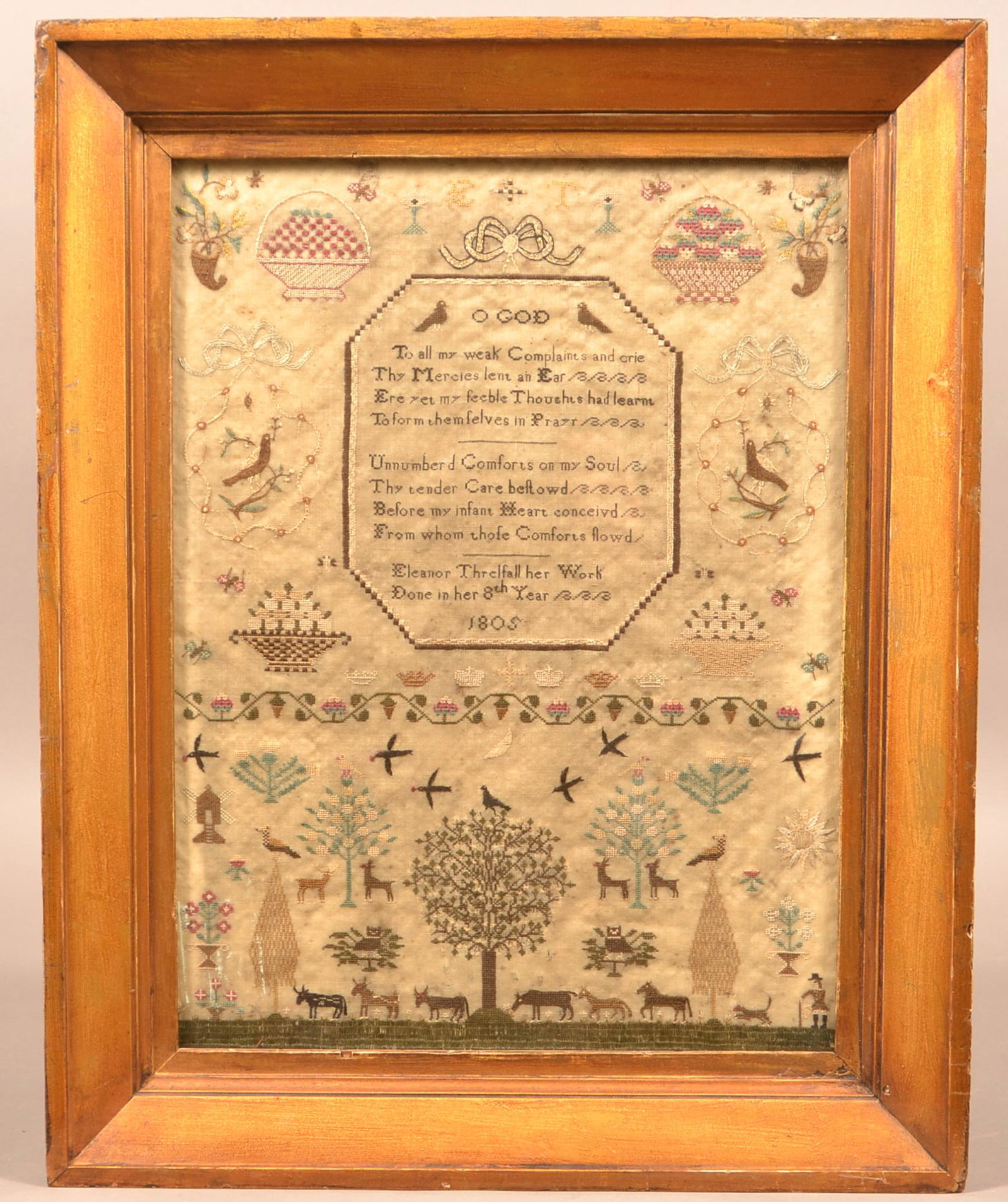 Eleanor Threlfall 1805 Needlework Verse Sampler.: Eleanor Threlfall 1805 Needlework Verse Sampler. With shepherd, dog, birds, owl, horses, cows, deer, butterflies, crowns and baskets of flowers. In an antique molded frame, 21" x 16-1/2" overall. Cond