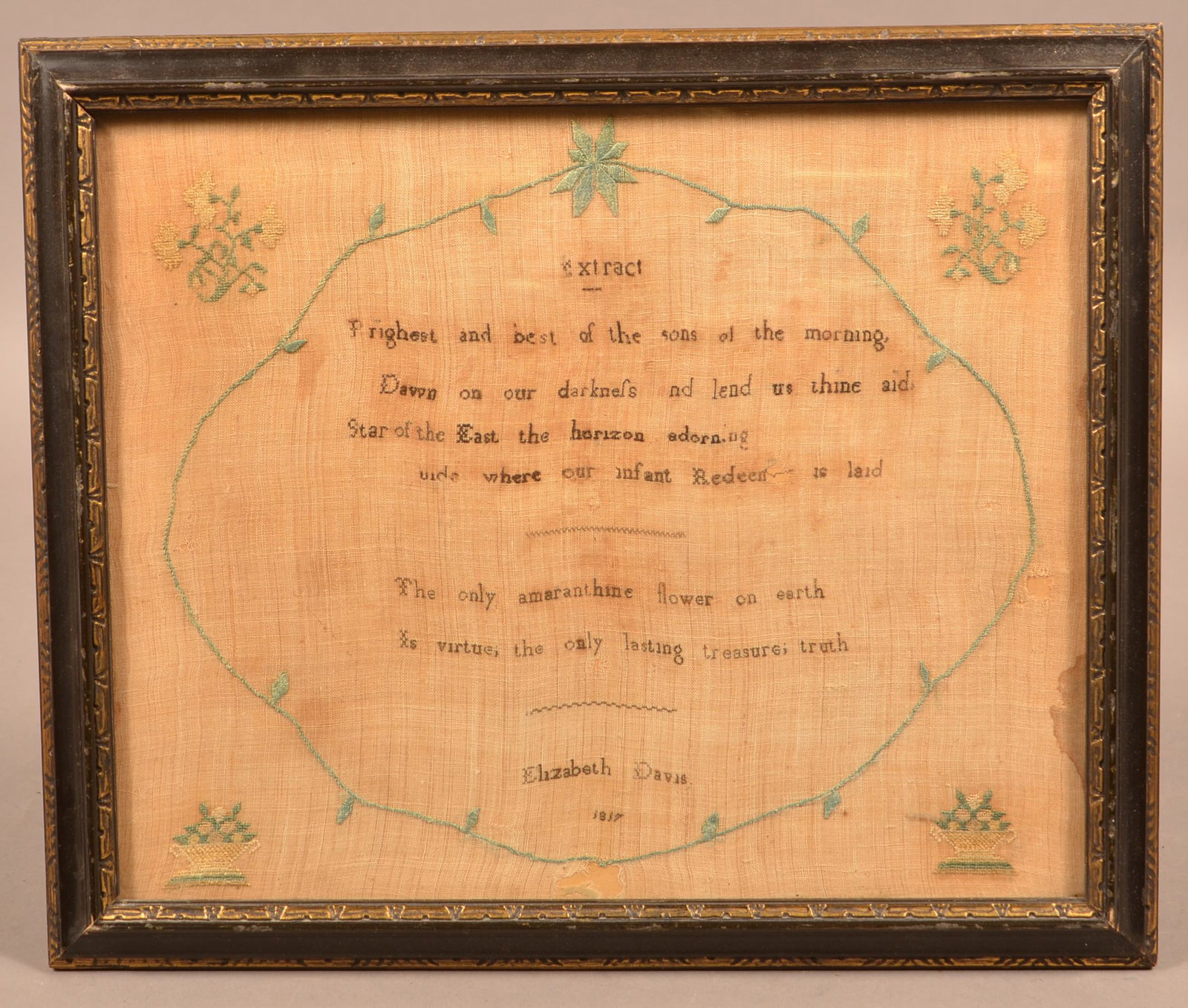 West Chester, PA 1817 Quaker Needlework Sampler.: 1817 Quaker Extract Needlework Sampler. "Elizabeth Davis 1817" (West Chester, PA). With family history on verso. In a later period molded frame, 13" x 15-3/4" overall. Condition: Good with foxing and 