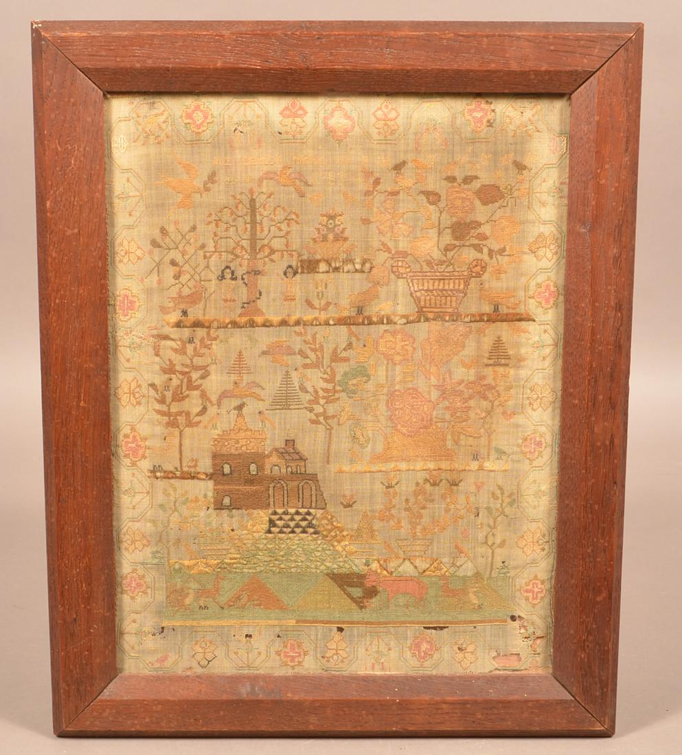 Eliz Clayton 1783 Pictorial Needlework Sampler.: Eliz Clayton 1783 Pictorial Needlework Sampler. With Adam and Eve, castle, animals and flowers. Floral vine border. In a later period oak frame, 20-1/4" x 16-1/2" overall. Condition: Good with thin sp