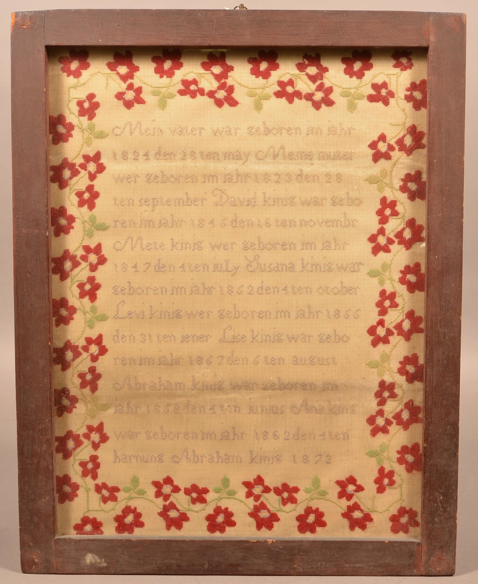 Lancaster Co., PA Amish King Family Record Sampler.: Lancaster County, PA Amish 19th Century King Family Record Sampler. 1824-1872. In an antique cherry frame, 24" x 18-3/4". Condition: Good with wear and soiling.