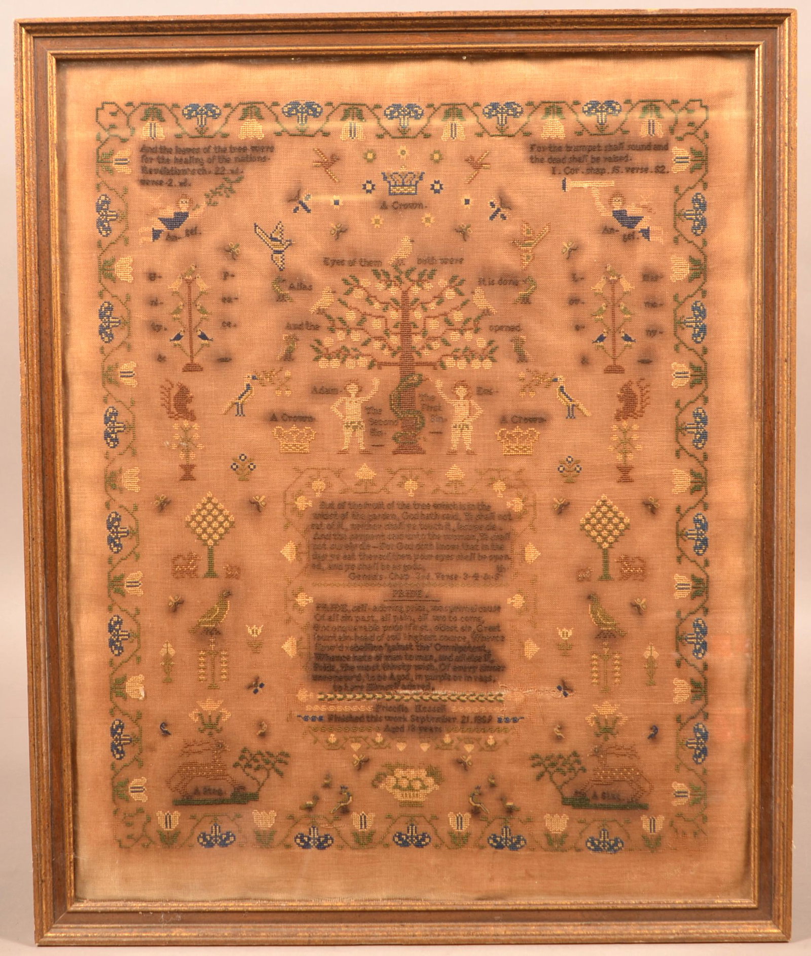 1859 Adam and Eve Needlework Sampler.: 1859 Adam and Eve Needlework Sampler. "Pricilla Hesell Finished this work September 21, 1859, Aged 18 years". Mirror image with crowns, angels, numerous animals and flowers. Tulip vine border. In a la
