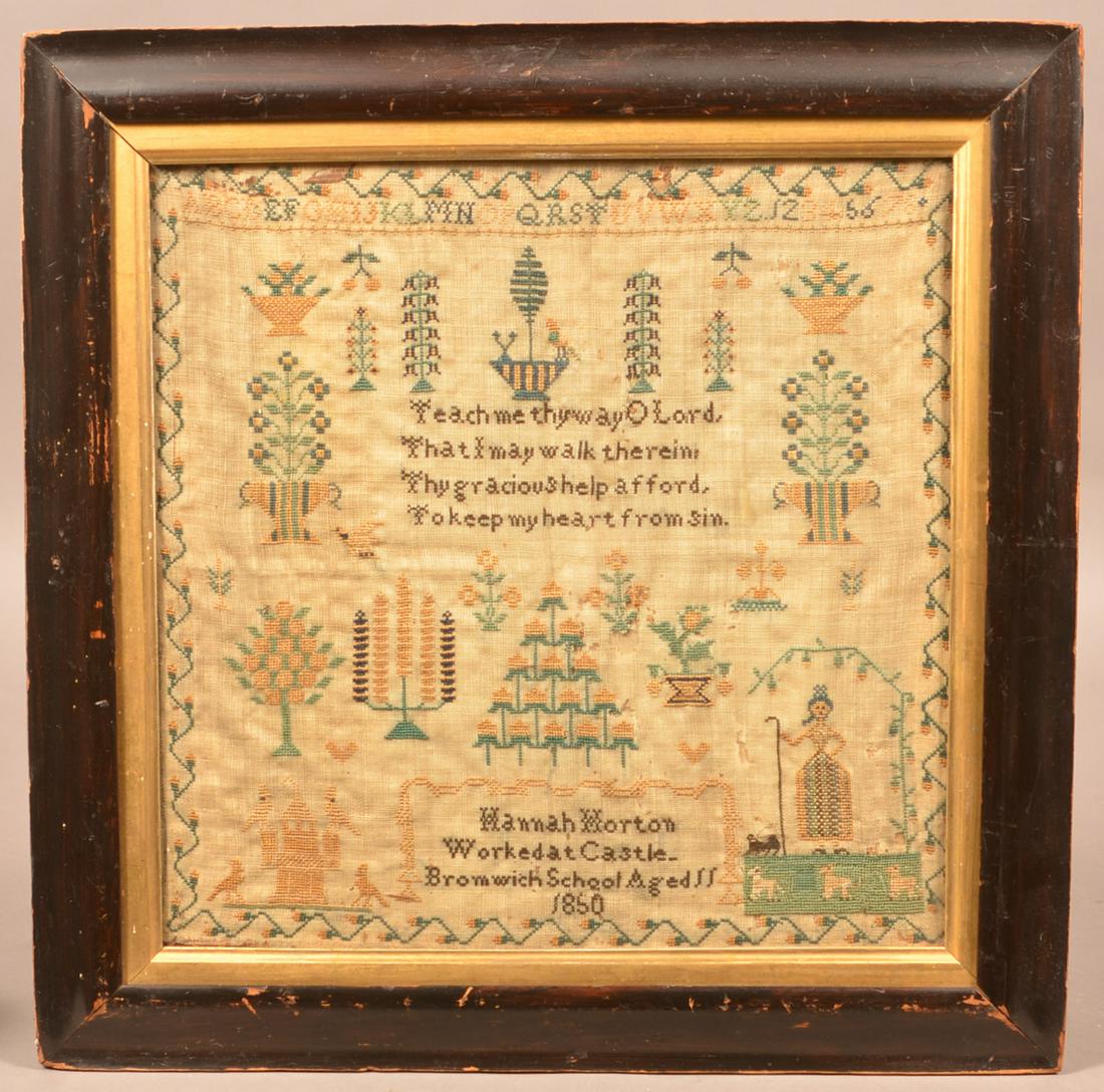 English 19th Century Needlework Verse Sampler.: English 19th Century Needlework Verse Sampler. Signed "Hannah Horton Worked at Castle Bromwich School Aged 11, 1850". With Shepherdess, dog, lambs, birds, trees and flowers. Strawberry vine border. In