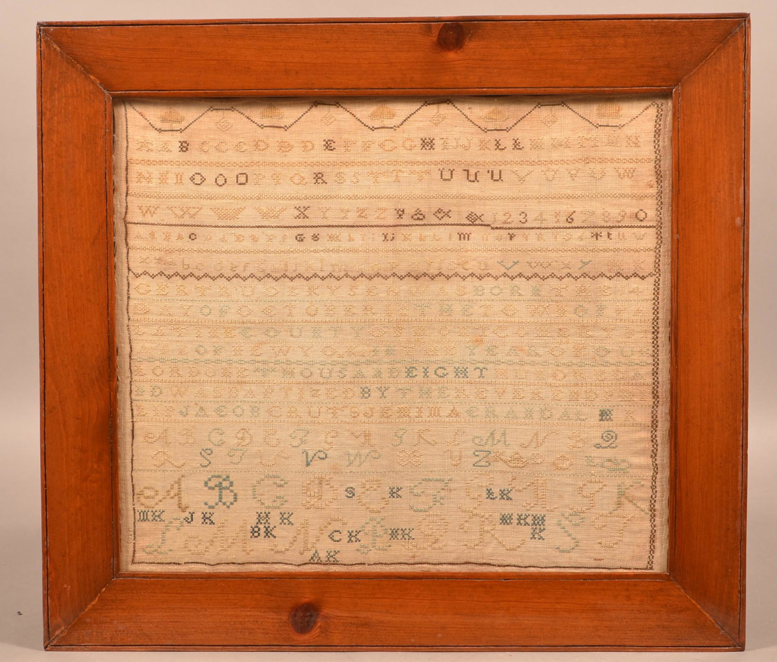 New York 1800 Cross Stitch Alphabet Sampler.: New York 1800 Cross Stitch Alphabet Sampler. "Gertrude Kyser was born the 14th day of October in the Town of Palatine, County of Montgomery, State of New York, By the Reverend Philip Jacob Cruts Jerim