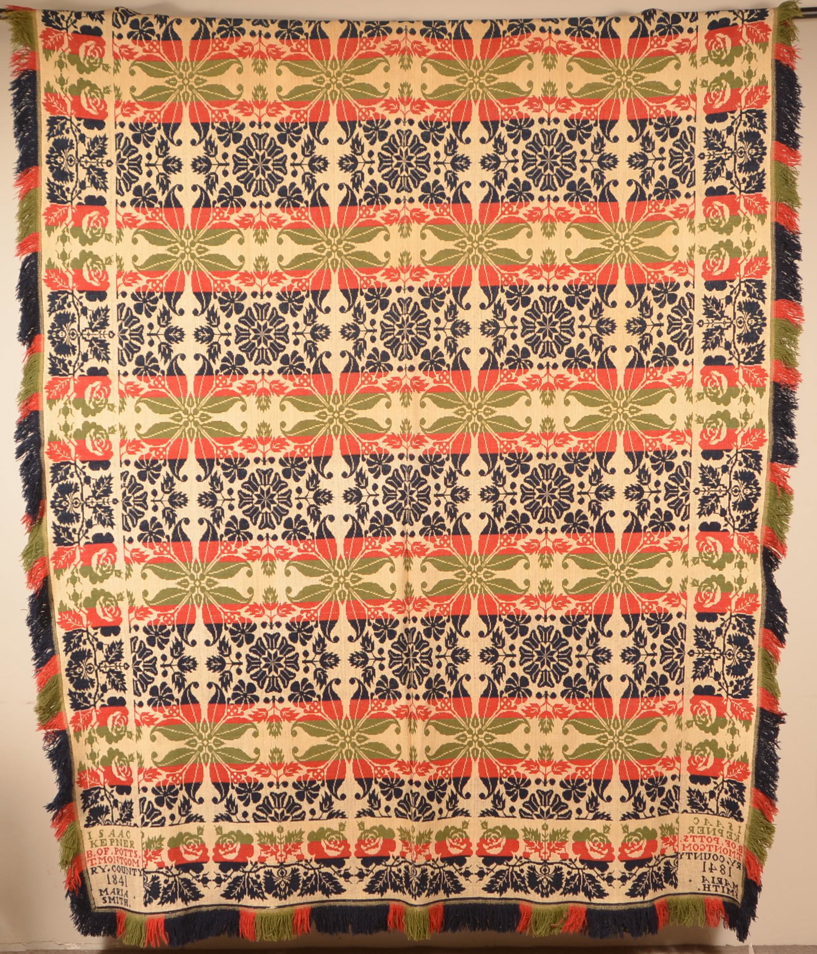 1841 Montgomery Co., PA Two Part Jacquard Coverlet.: Four-Color Montgomery County, PA 1841 Two-Part Jacquard Coverlet. Signed "Isaac Kepner B. of Potts T. Montgomery County 1841 (made for) Maria Smith". 80" x 92" not including fringe. Condition: Very go