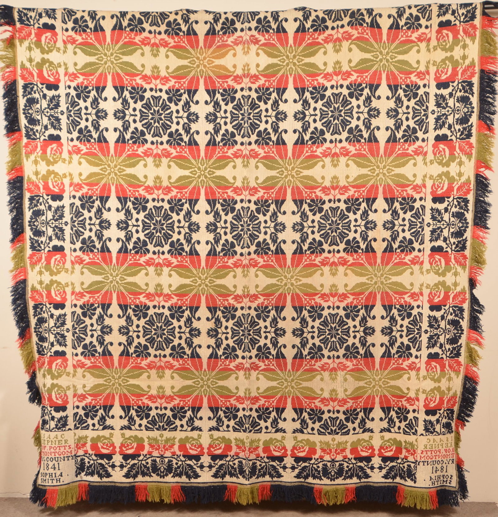 1841 Montgomery Co., PA Two Part Jacquard Coverlet.: Four-Color Montgomery County, PA 1841 Two-Part Jacquard Coverlet. Signed "Isaac Kepner B. of Potts T. Montgomery County 1841 (made for) Sophia Smith". 80" x 92" not including fringe. Condition: Very g