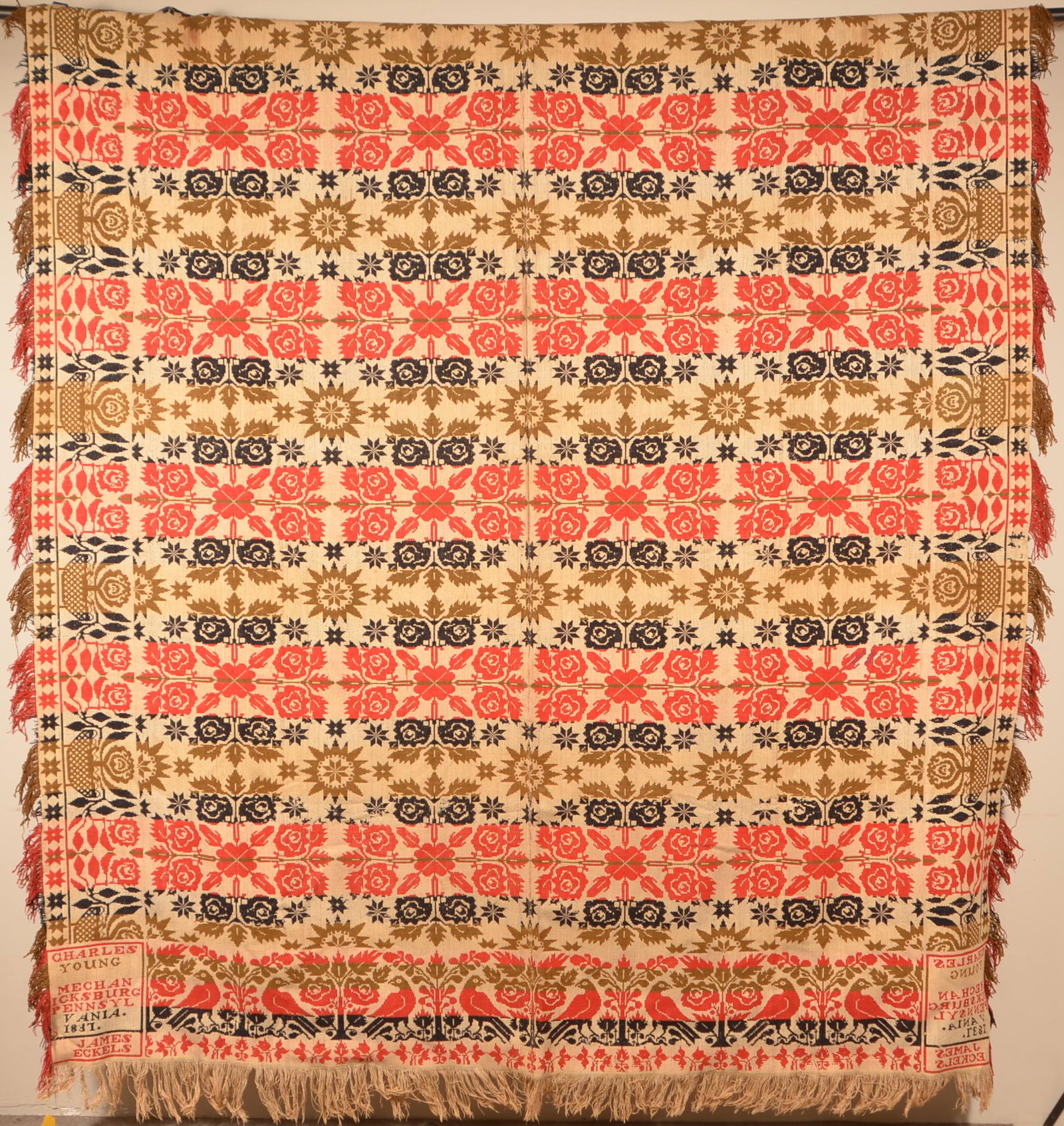 1837 Cumberland Co., PA Two Part Jacquard Coverlet.: Four-Color Cumberland County, PA 1837 Two-Part Jacquard Coverlet. Signed "Charles Young, Mechanicsburg Pennsylvania 1837 (made for) James Eckels". 84" x 91" not including fringe. Condition: Good with