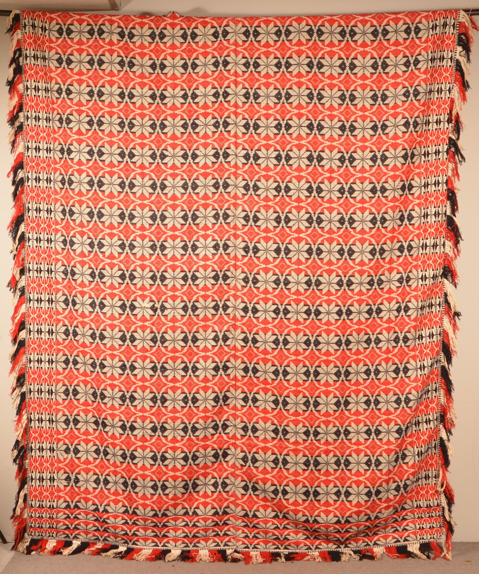 Antique Three Color Two Part Woven Jacquard Coverlet.: Mid 19th Century Three-Color Two-Part Woven Jacquard Coverlet. Unsigned. Star design with alternating colors. 82" x 105" not including fringe. Condition: Very good.