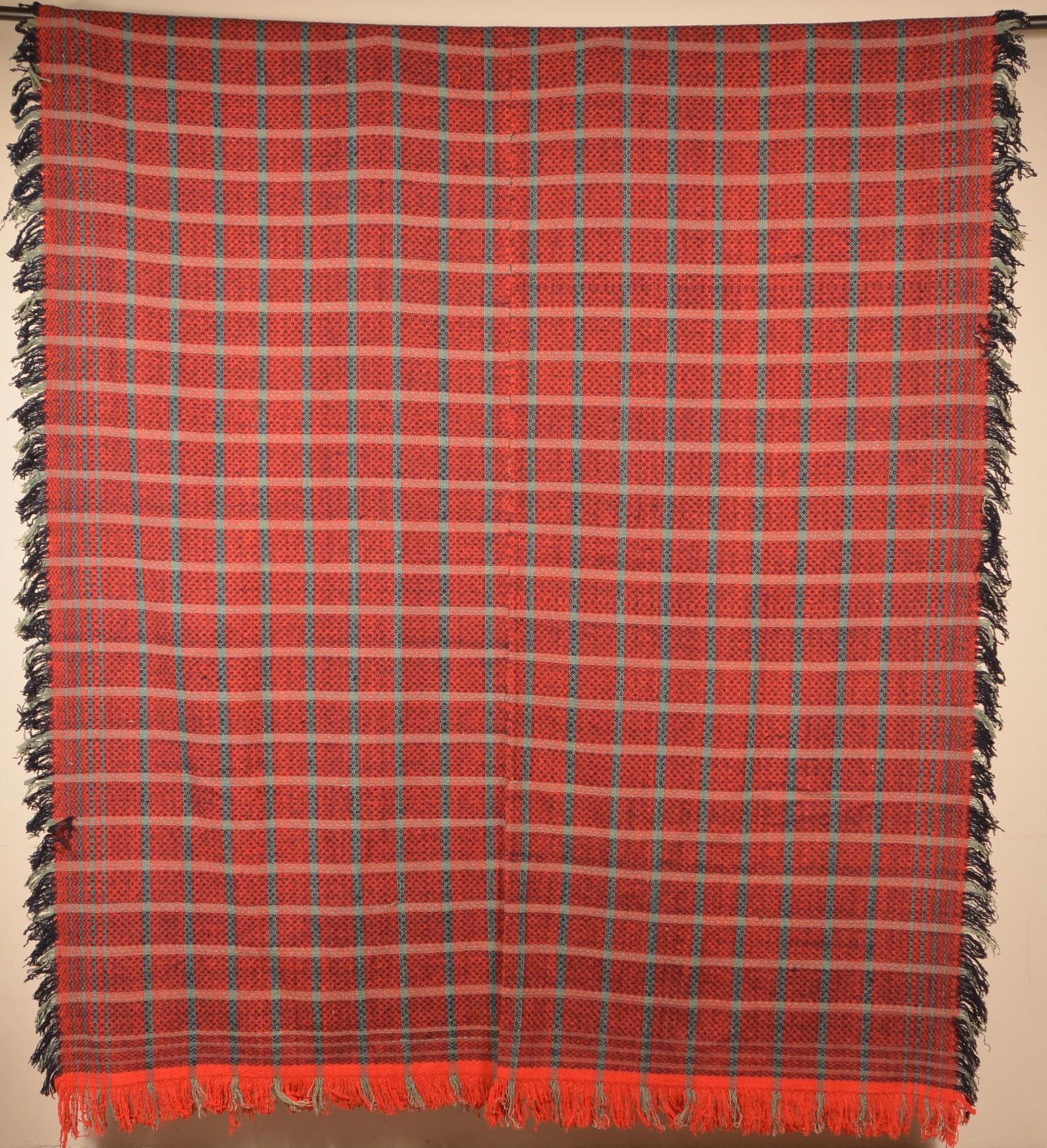 Antique Four Color Two Part Woven Jacquard Coverlet.: Mid 19th Century Four-Color Two-Part Woven Jacquard Coverlet. Unsigned. Block design. 80" x 90" not including fringe. Condition: Very good.
