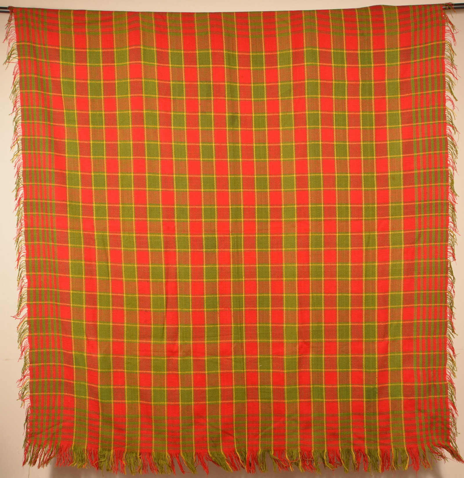Antique Three Color Woven Jacquard Coverlet.: Mid 19th Century Three-Color Single-Part Woven Jacquard Coverlet. Unsigned. Block design. 82" x 87" not including fringe. Condition: Very good.