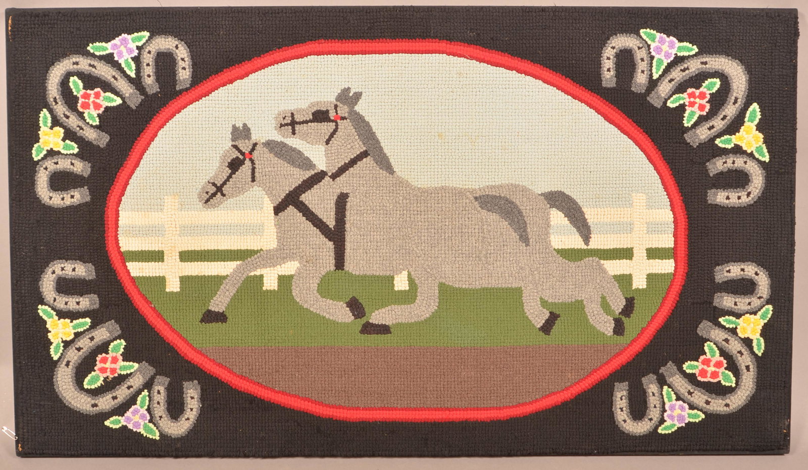 Lancaster County, PA Amish Horse Pattern Hooked Rug.: Lancaster County, PA Amish Horse Pattern Hooked Rug. Accompanied with a letter copy of provenance. (design by Aaron Smucker). For a similar example see "Amish Arts of Lancaster County" by Patrica T. H