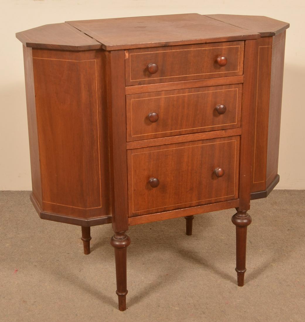 Mahogany Martha Washington Style Sewing Stand.: Mahogany Line Inlaid Martha Washington Style Sewing Stand. 28-1/2"h. x 28-3/4"w. x 16"d. Condition: Good with wear and sun bleached.