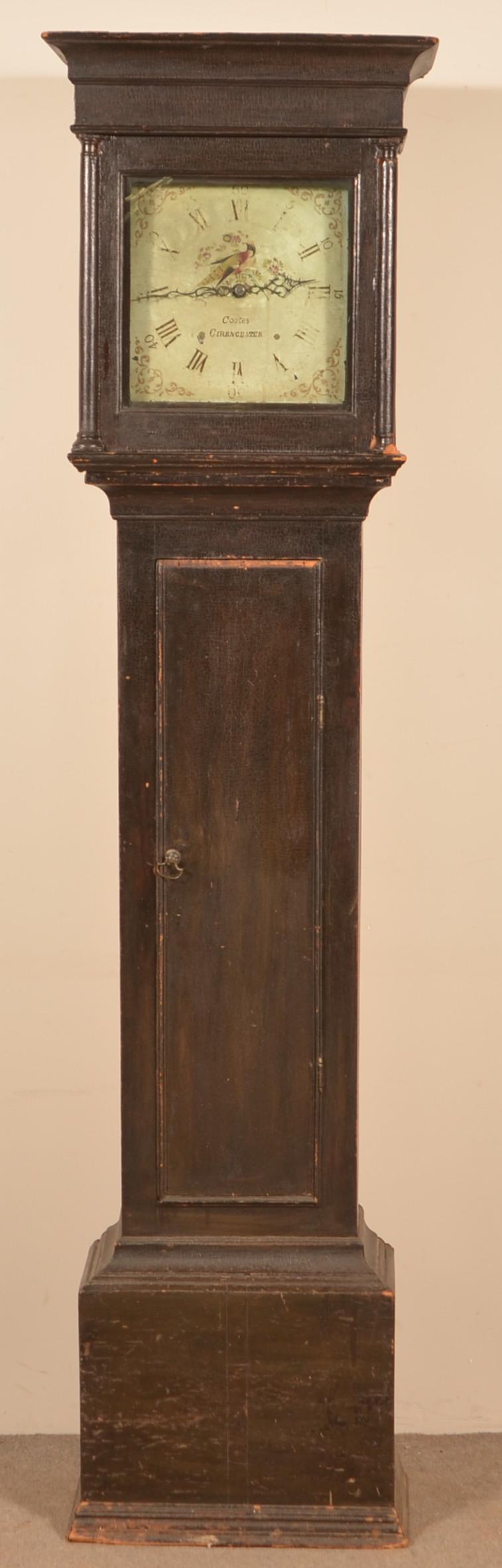 Coates, Cirencester 18th Cent. Softwood Tall Case: Coates, Cirencester 18th Century Softwood Tall Case Clock. 30-hour movement with painted dial. This clock was a prop in the HBO seven-part miniseries "John Adams". 76-3/4" h. Condition: Fair.
