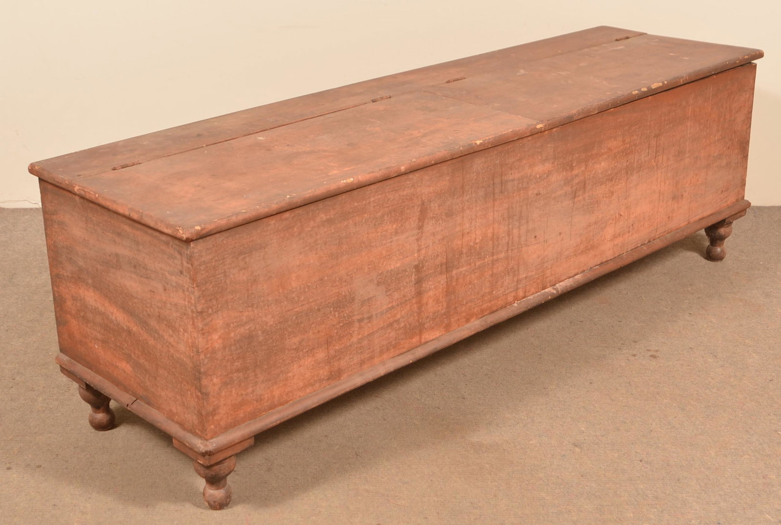 Lancaster County Sheraton Painted Softwood Wood Box.: Lancaster County Sheraton Painted Softwood Wood Box. Double hinged lid, compartmented interior, dovetailed case and turned feet. 22"h. x 66-1/2"w. x 19"d. Condition: Fair with wear and weathering.