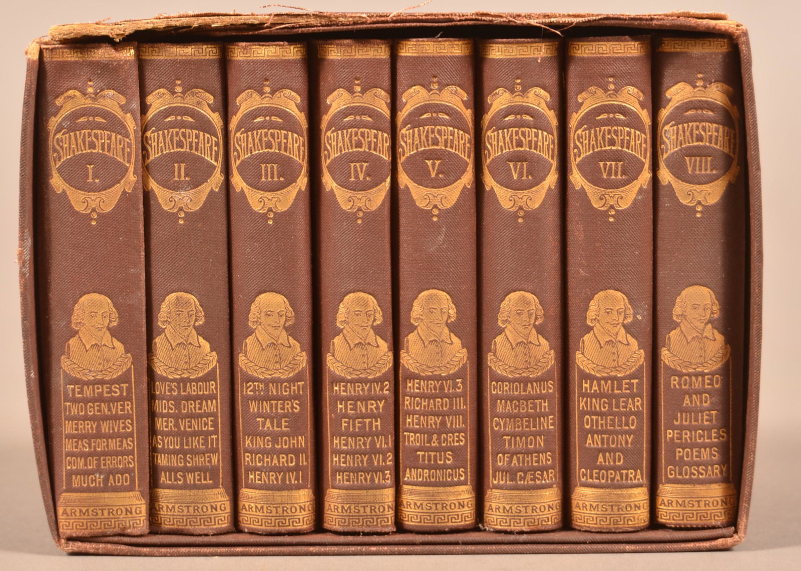 8 Vol Mini Set of Shakespeare in Box Ca 1900.: 8 Volume Mini Set of Shakespeare's Works. NY: Armstrong ca. 1900. Boxed, top of box is broken. Each book measures 2 3/4 x 3 3/4". Condition: Very Good.