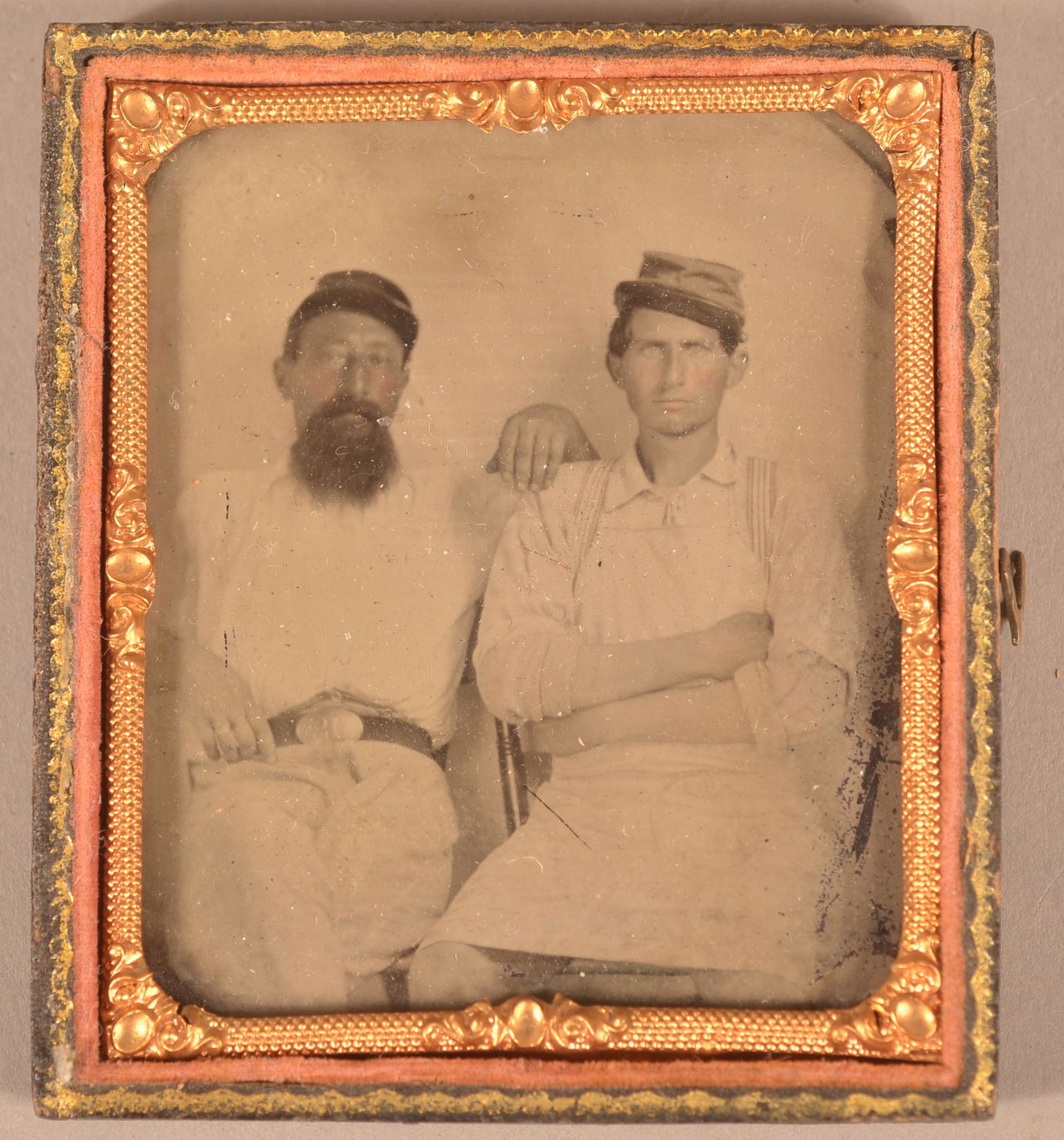 1/6 plt Ambrotype 2 Soldiers Possibly Confederate.: 1/6 plt Ambrotype 2 Soldiers Possibly Confederate. A 1/6 plate ambrotype of 2 soldiers -- surgeons? Cooks? Likely Confederates. Condition: Very Good.